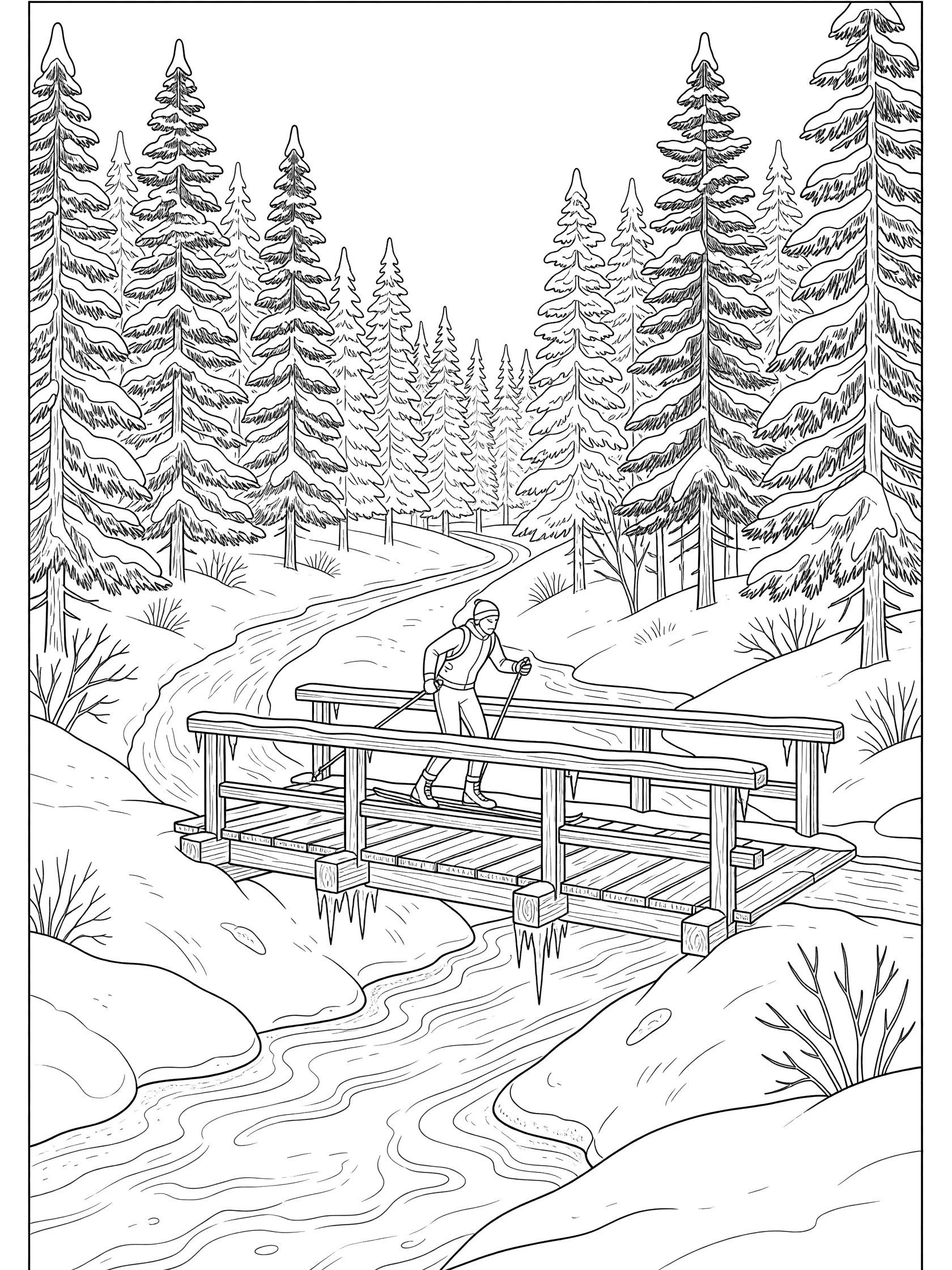 Cross-country skiing line art: skier on rustic wooden bridge over stream with icicles, surrounded by pine trees and snow