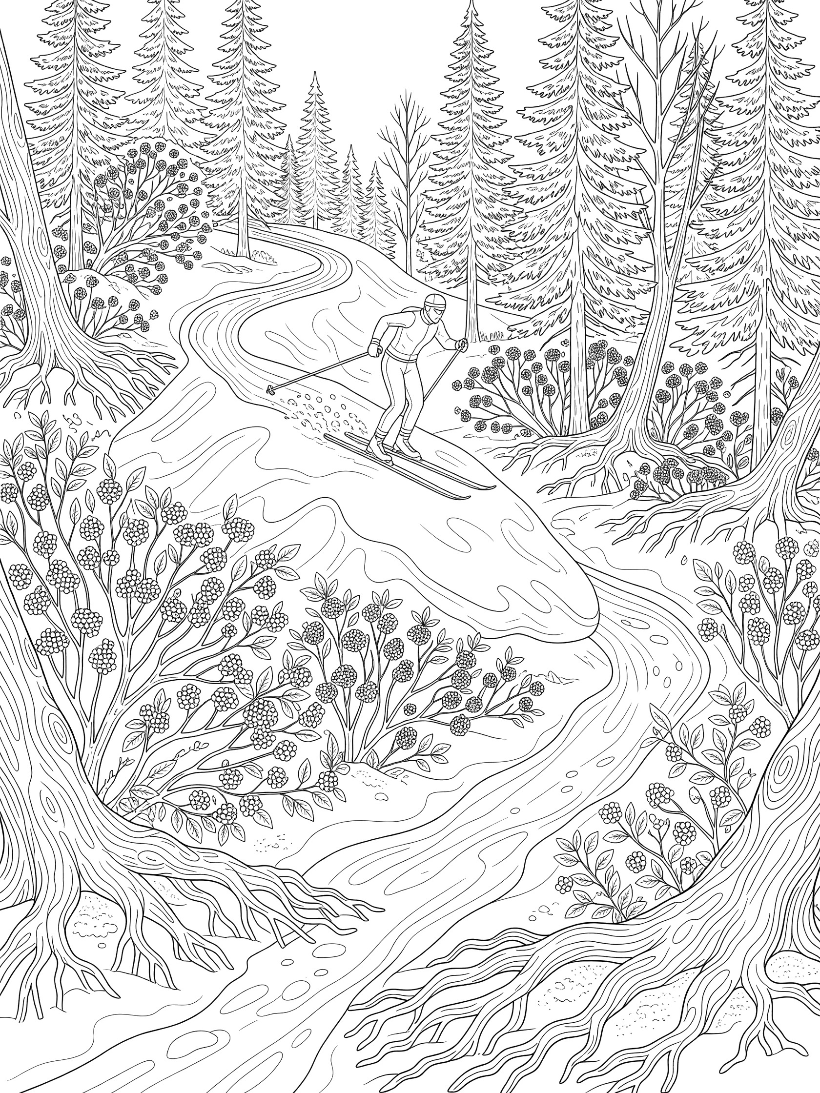 Black-and-white coloring page of a cross-country skier balancing with poles over a snow drift on a woodland trail surrounded by pine trees and berry bushes.