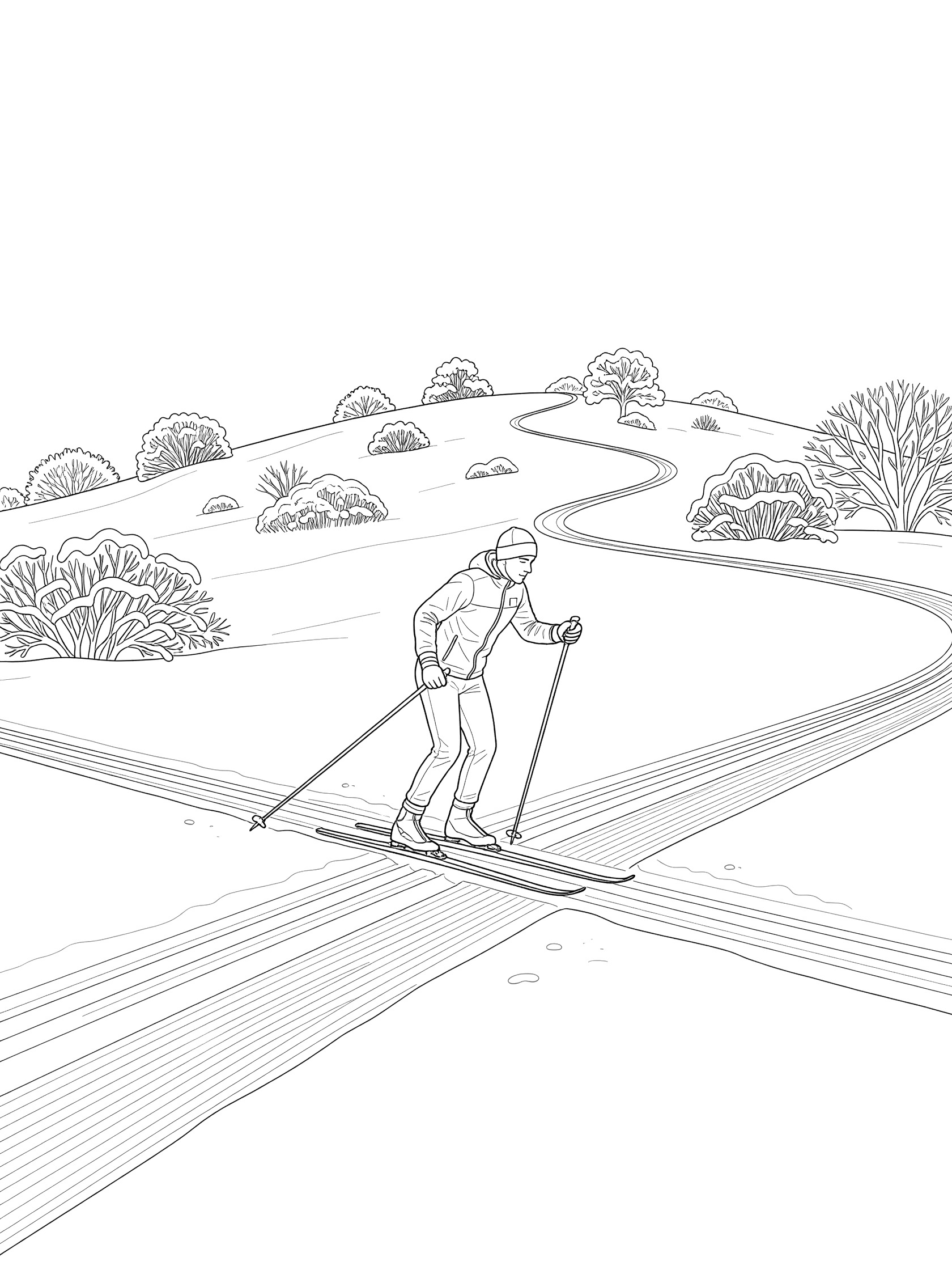Line art coloring page showing a cross-country skier in classic style with parallel skis, poling strongly up a snowy hill surrounded by bushes, on a winding groomed trail.