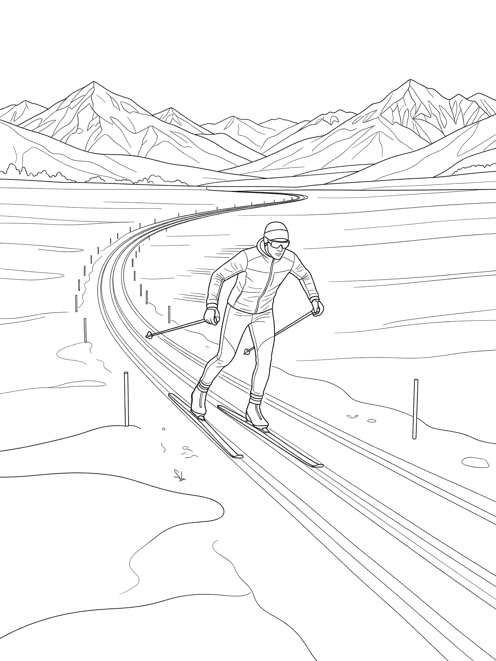 Black and white line art of cross-country skier in motion on straight groomed track through snowy meadows, with blurring poles, mountains in background, and track markers.