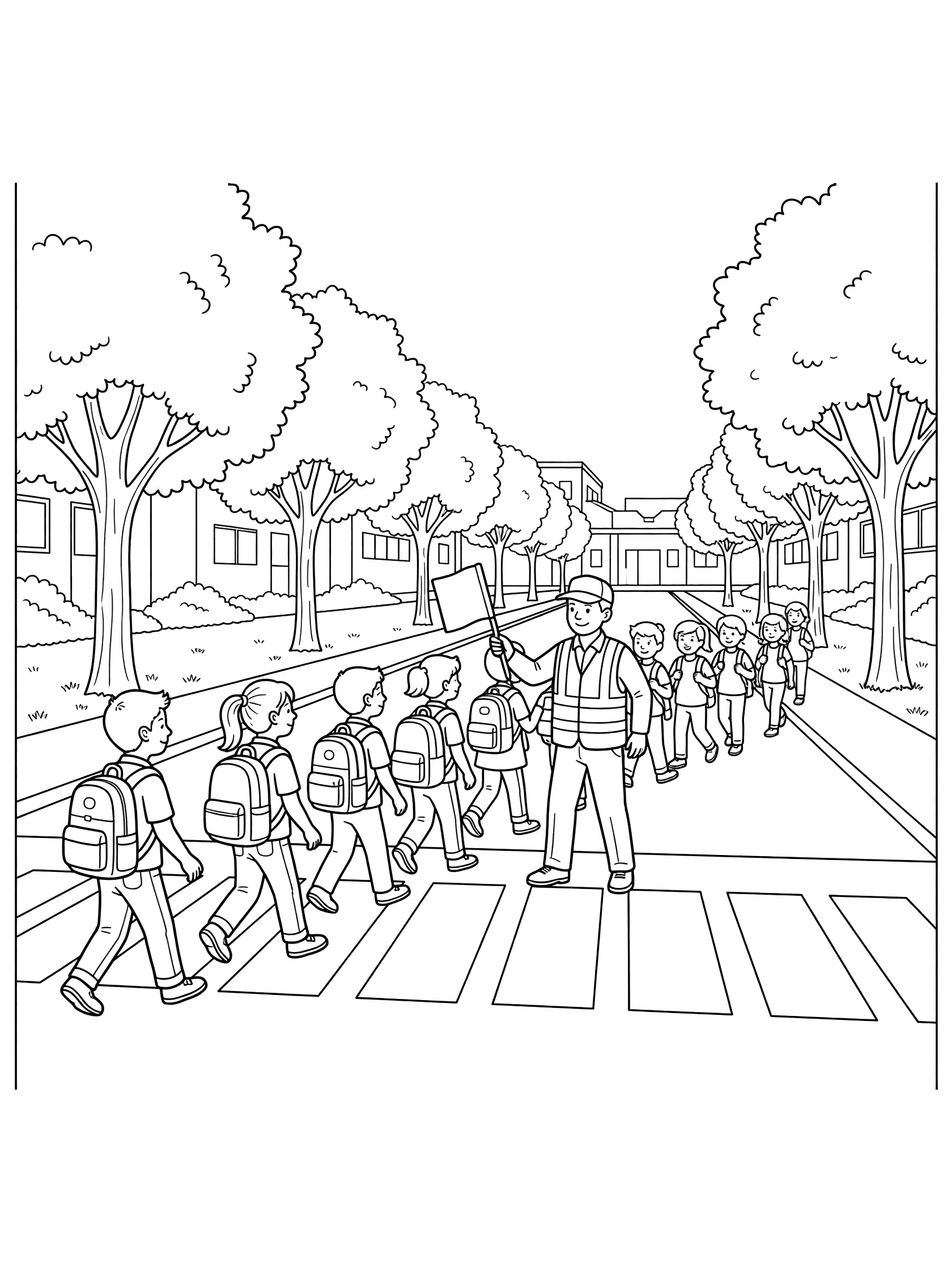 Black and white line art of crossing guard holding flag directing line of school kids with backpacks over pedestrian crosswalk near trees and school buildings