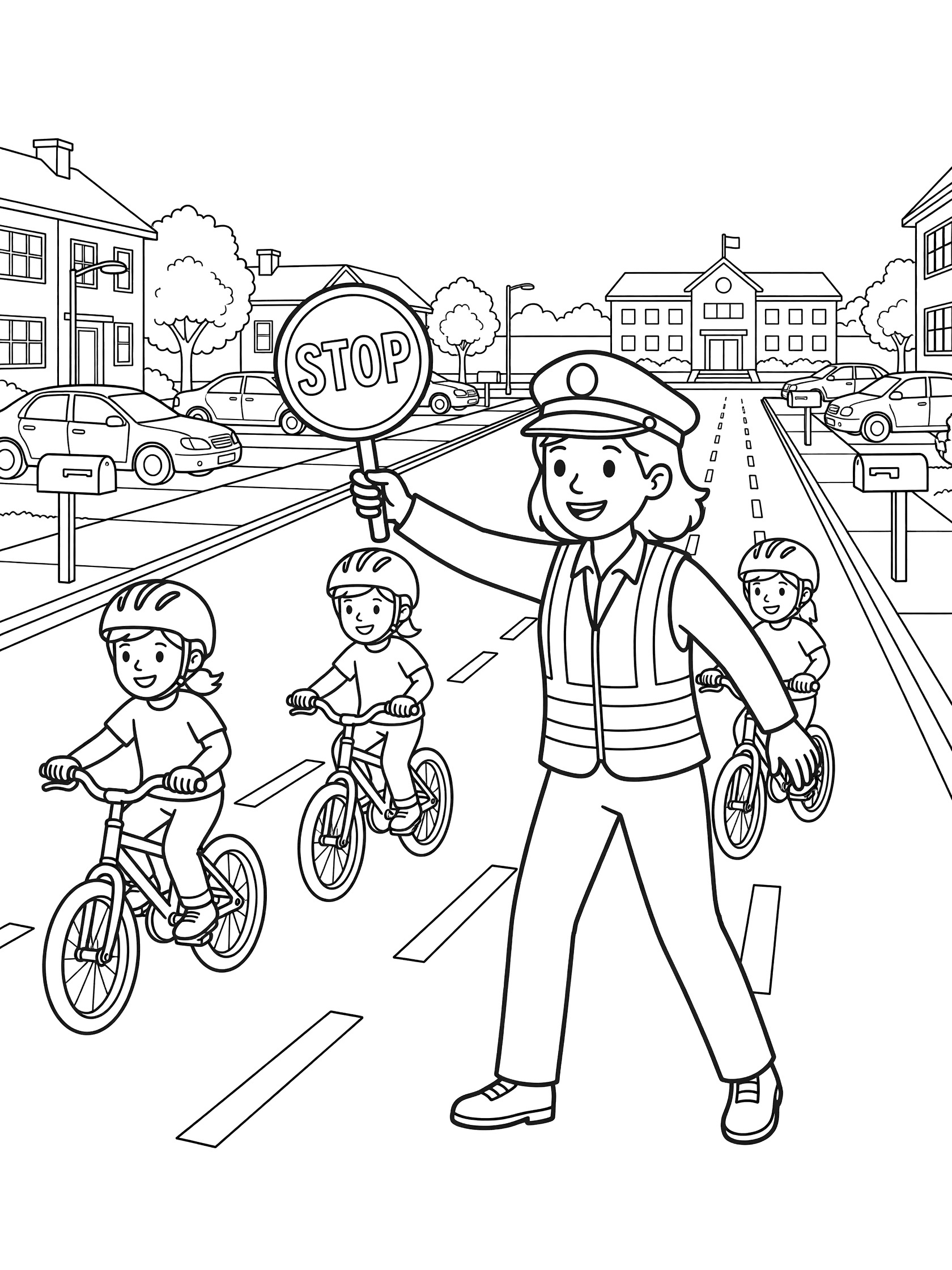 Line art coloring page showing cheerful crossing guard guiding four children on bicycles across street to school, holding stop sign, with parked cars, mailboxes and houses.