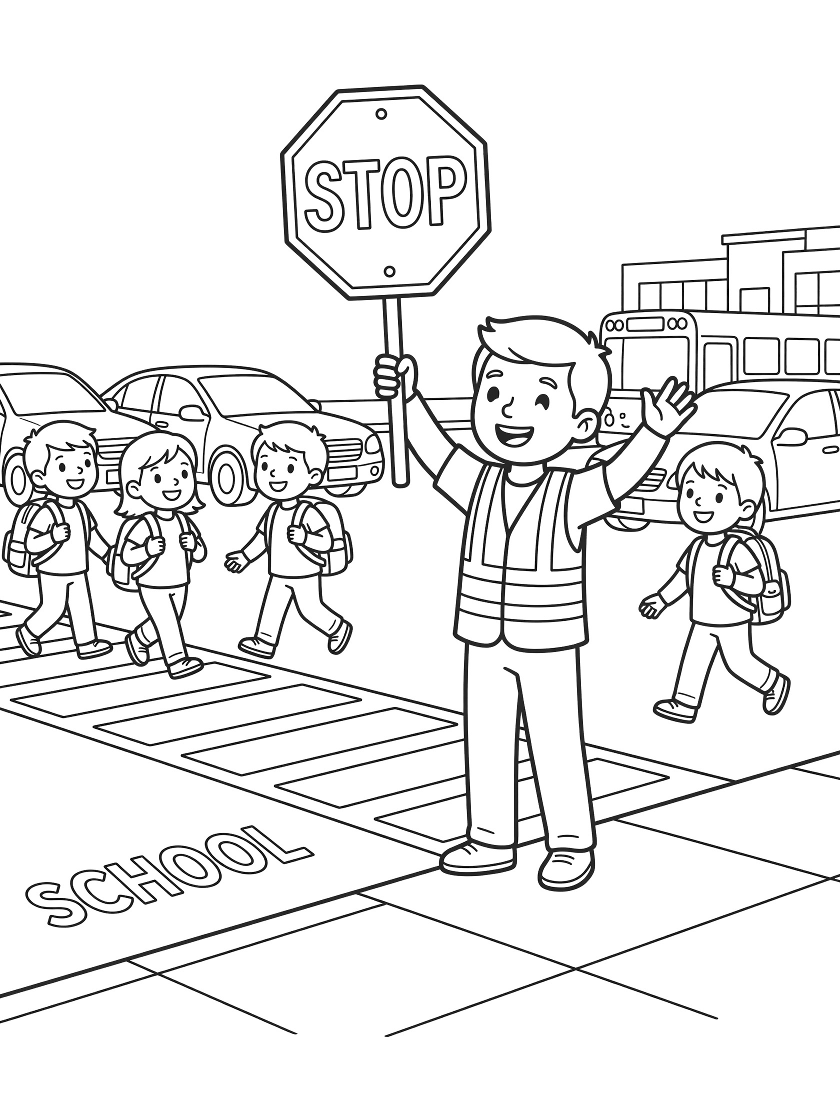 Black and white coloring page showing crossing guard holding large STOP sign at school crosswalk with smiling children in backpacks walking across zebra stripes near parked cars.