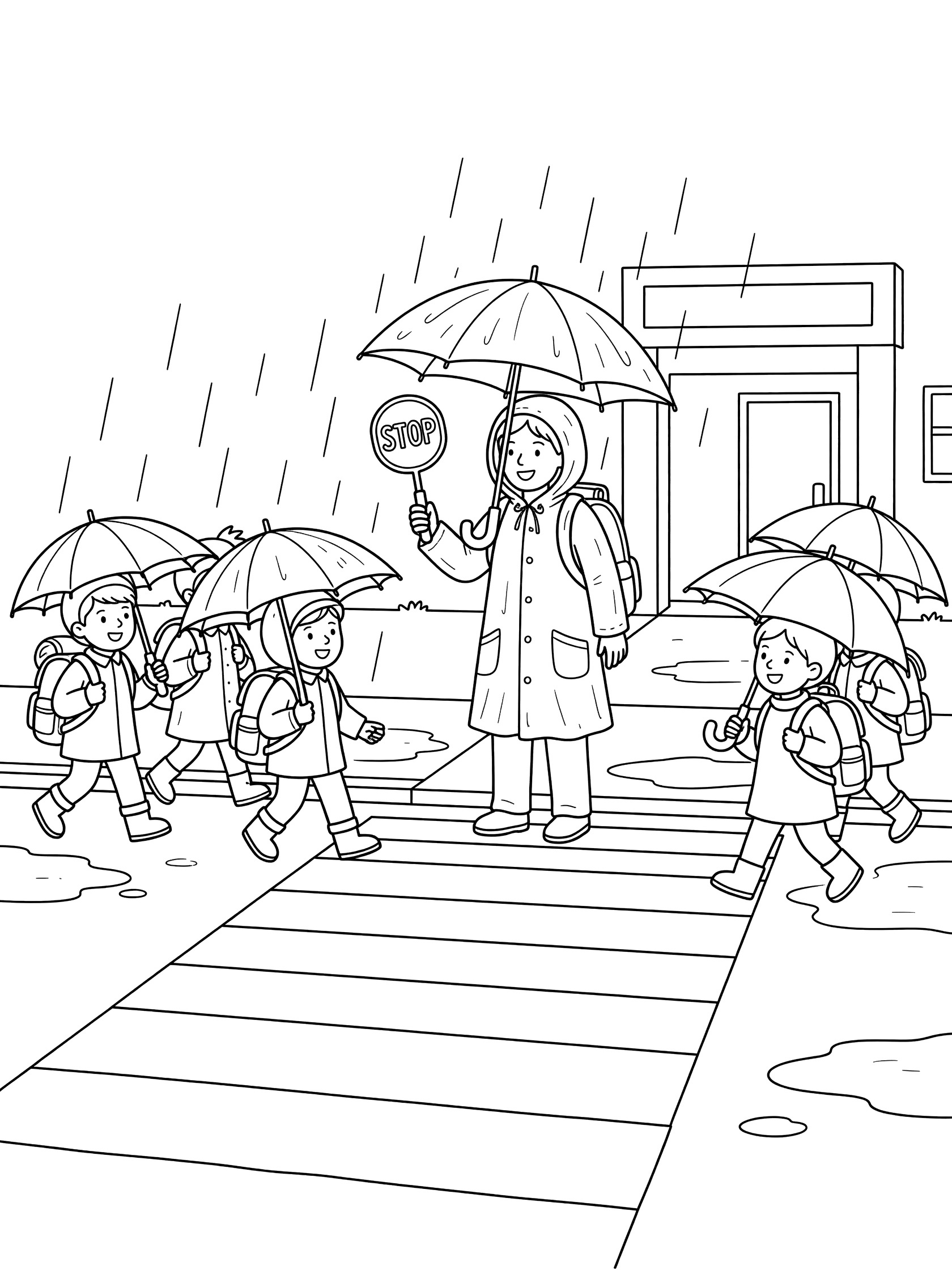 Black and white line art of crossing guard with yellow raincoat, umbrella, and stop sign helping school children with backpacks and umbrellas cross the street in rain near school entrance