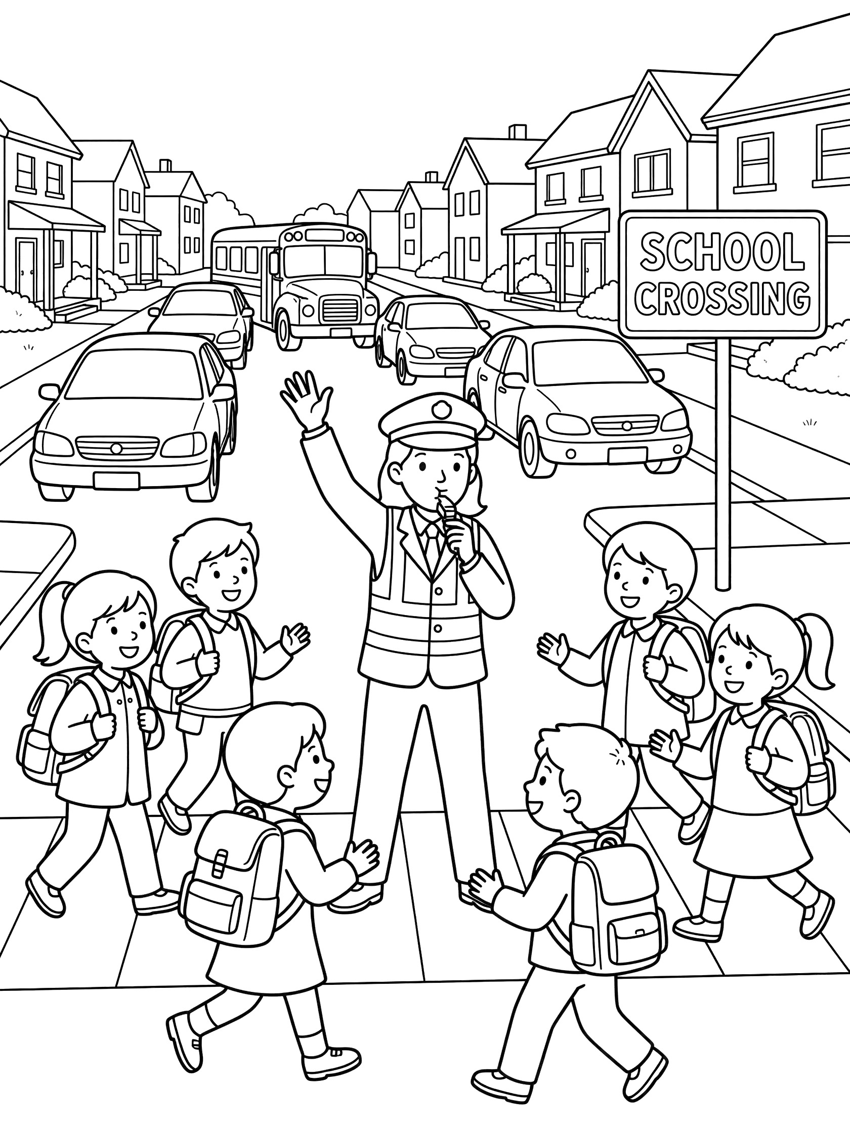 Black and white line art of a crossing guard in uniform with whistle and raised hand directing kids with backpacks to cross the street at a school crossing with cars stopped and houses nearby.
