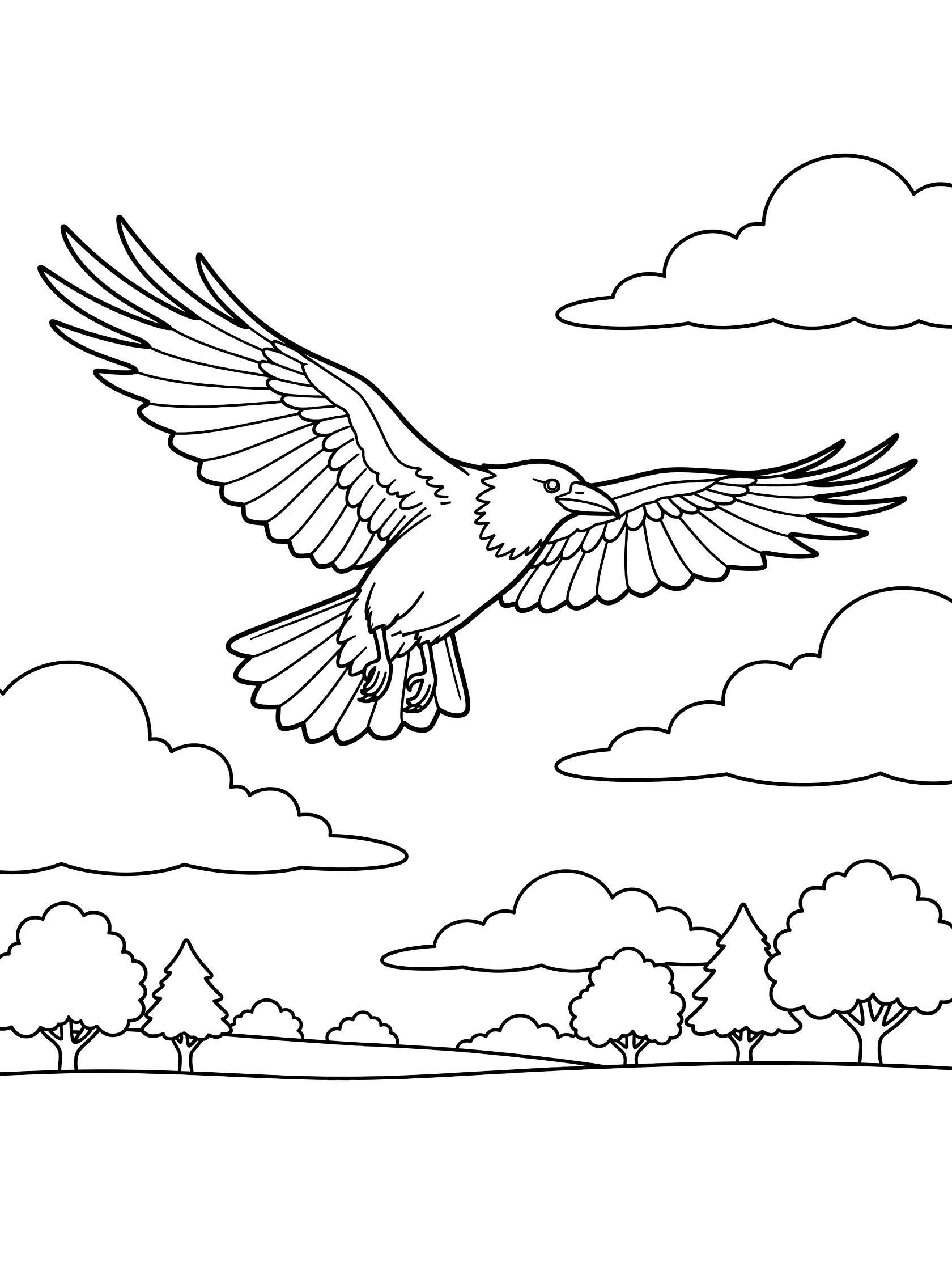Black and white line art coloring page showing a crow flying with wide wings, passing clouds, and trees below in clean printable style.