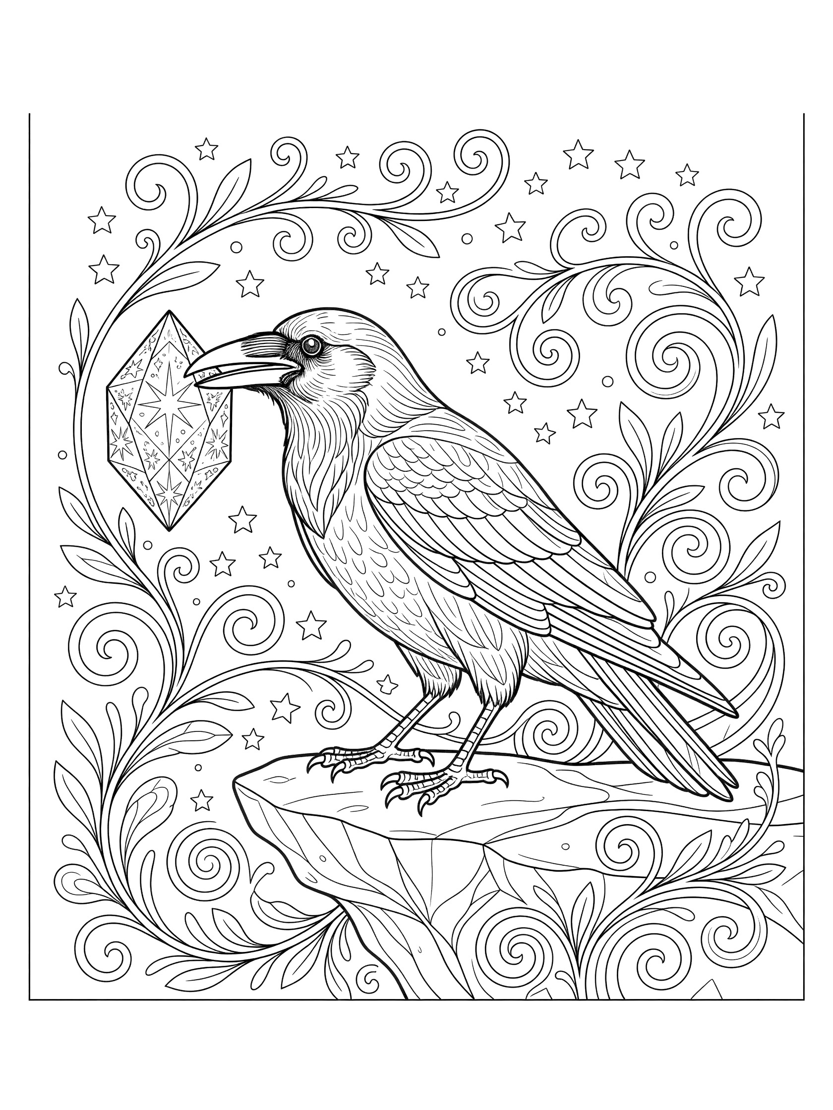 Black and white line art coloring page showing a crow standing on a rock, holding a crystal in its beak, surrounded by vines and stars.