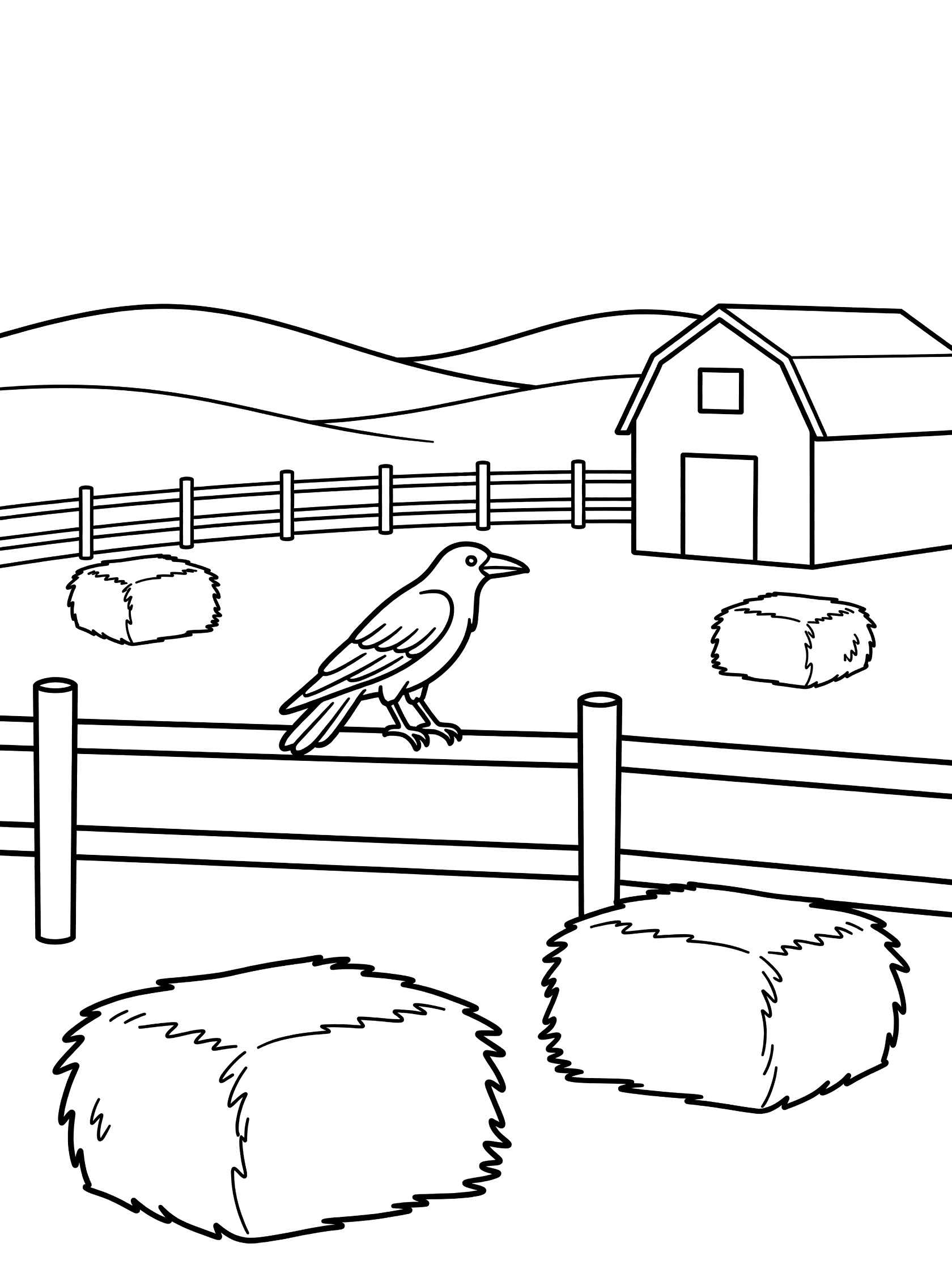 Black and white line art of a crow perched on a wooden farm fence beside a barn, hay bales, and hills.
