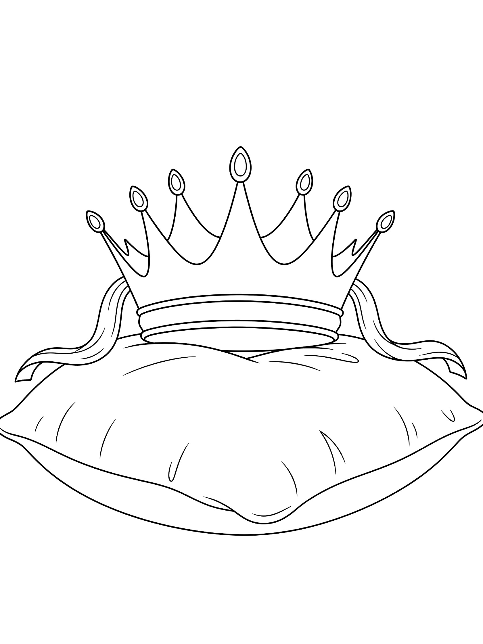 Black and white line art coloring page showing a detailed crown with gems on a soft pillow and draping ribbons.