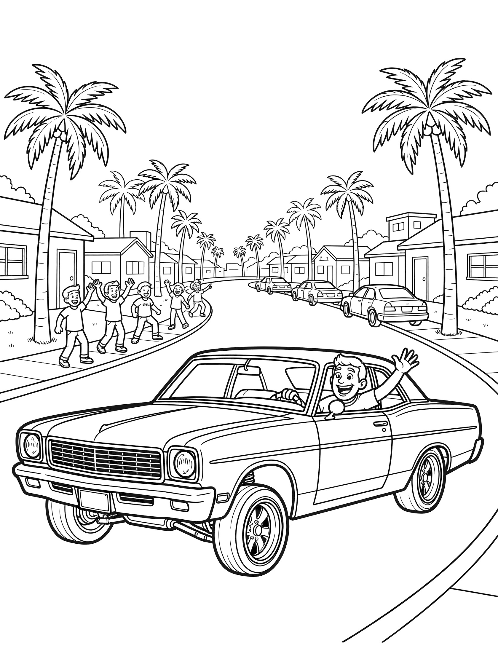 Black and white line art coloring page showing a lowrider car driving low on a curving urban street lined with palm trees and houses, happy driver waving from the window, friends cheering on the sidewalk.