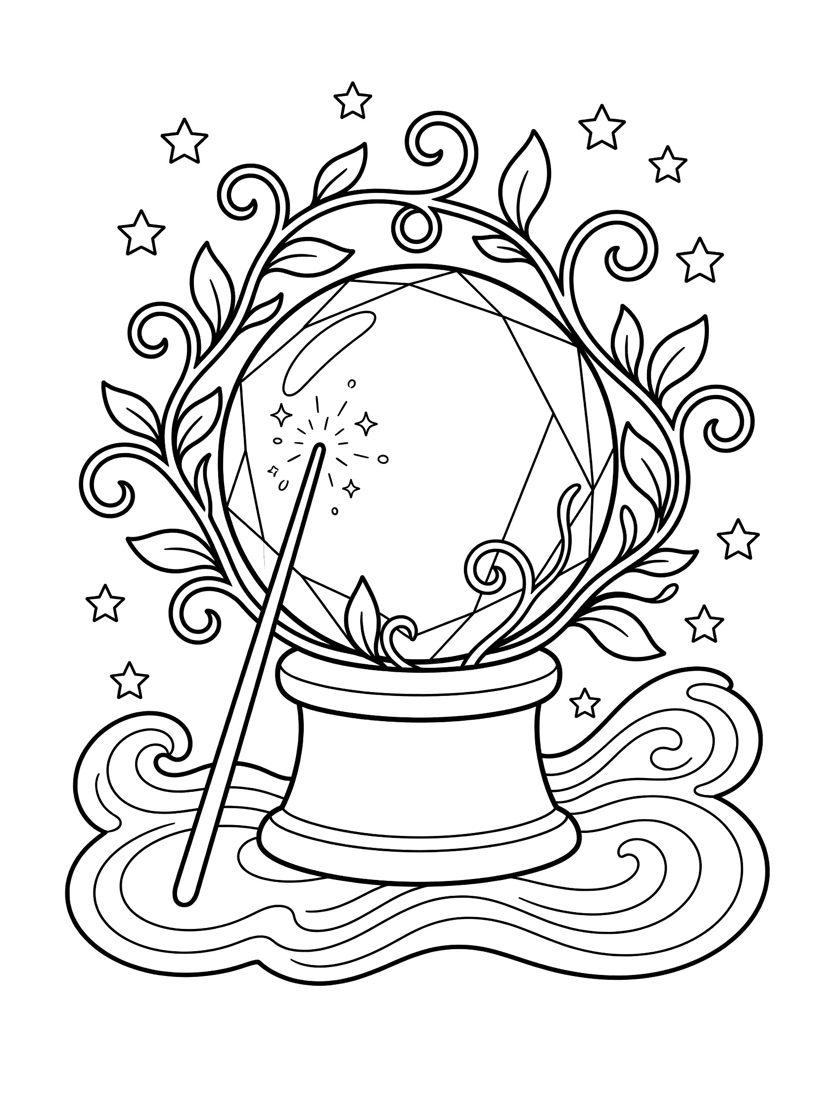 Black and white line art coloring page showing a sparkling crystal ball on a pedestal, surrounded by curly vines and stars, with a magic wand leaning against it and magic waves at the base.