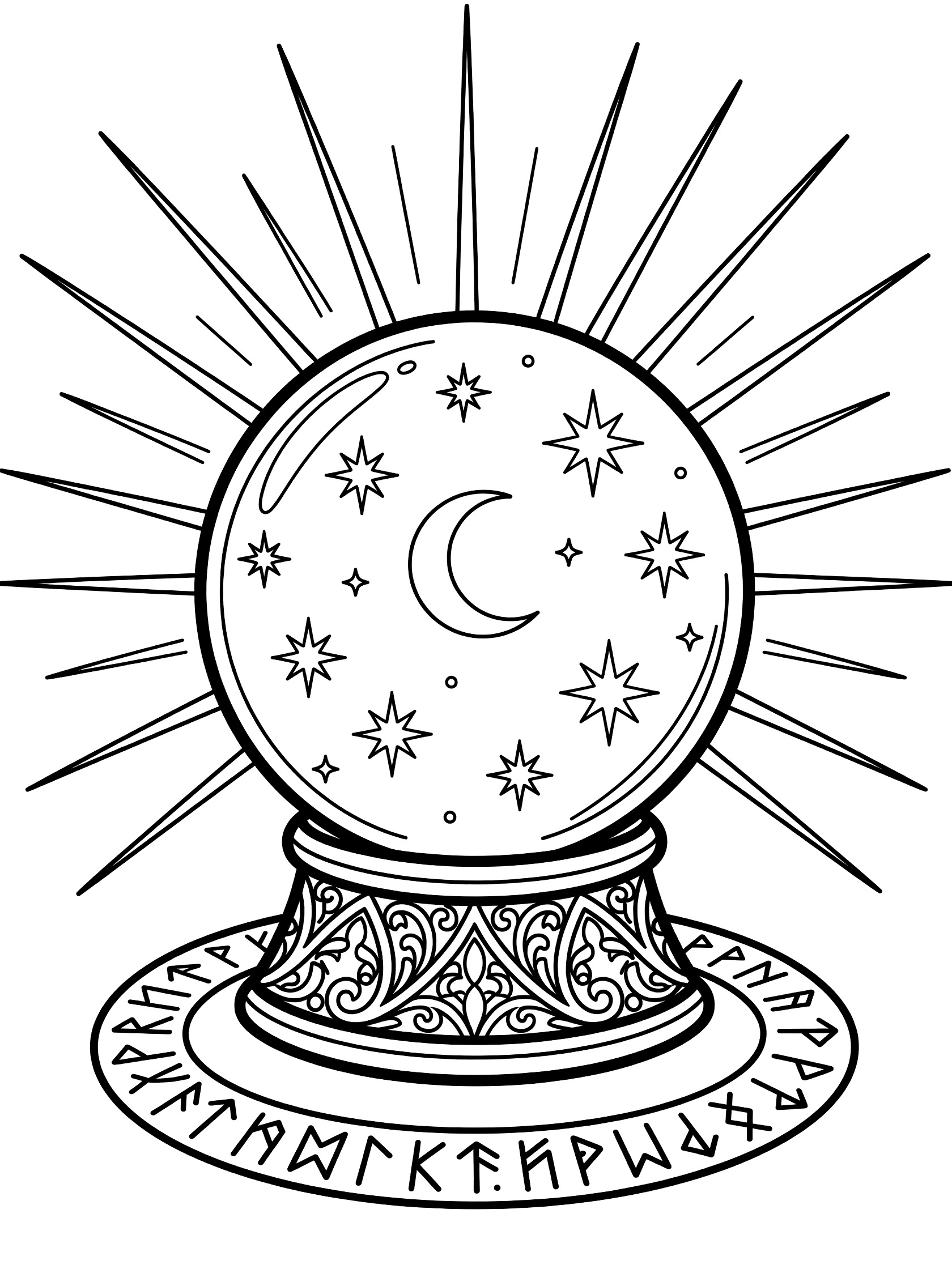 Black and white line art coloring page showing a large crystal ball on a fancy stand, stars and crescent moon inside the ball, rays of light beaming out, and rune symbols around the base.