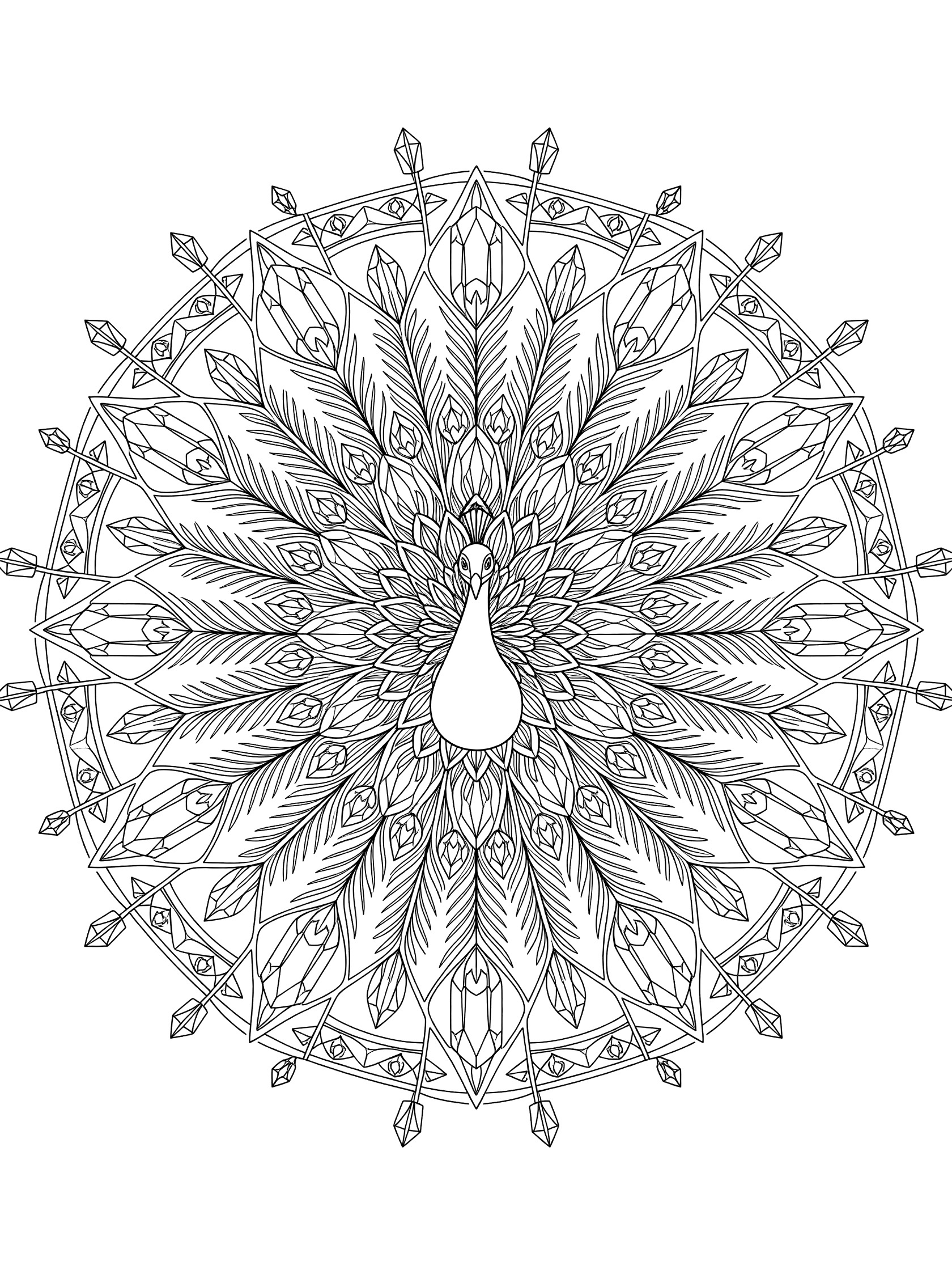 Black and white printable coloring page of a symmetrical peacock mandala with crystal-shaped feathers and geometric patterns radiating outward.