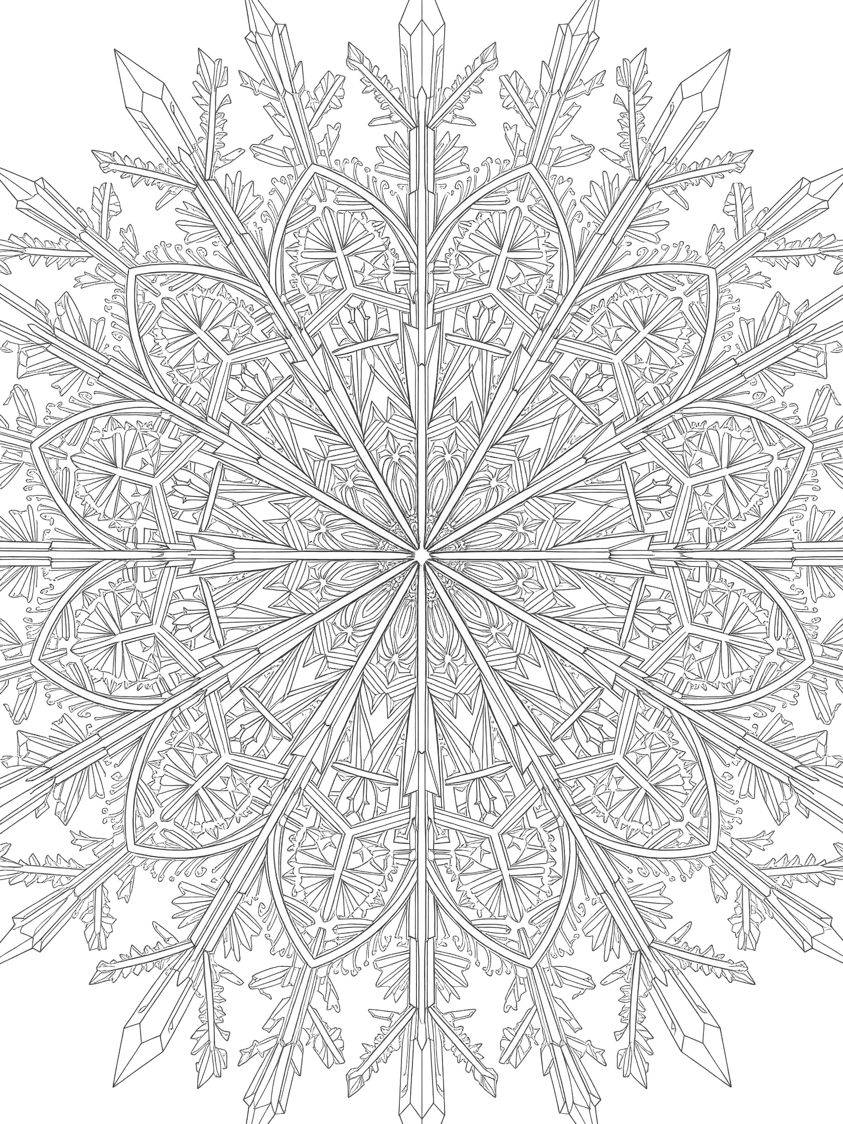 Black and white coloring page of a highly intricate crystal snowflake mandala with symmetrical branching arms and delicate ice shard details.