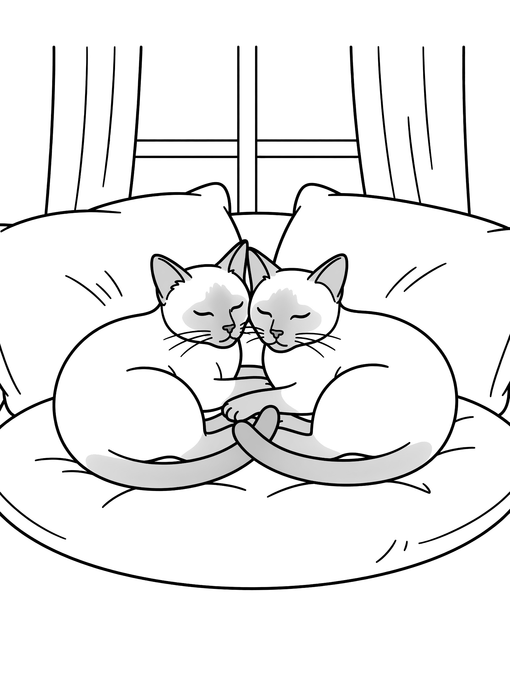 Black and white line art coloring page showing two cats curled up together on a round pillow with a window and curtains in the background. Siamese Cats themed black and white printable line art