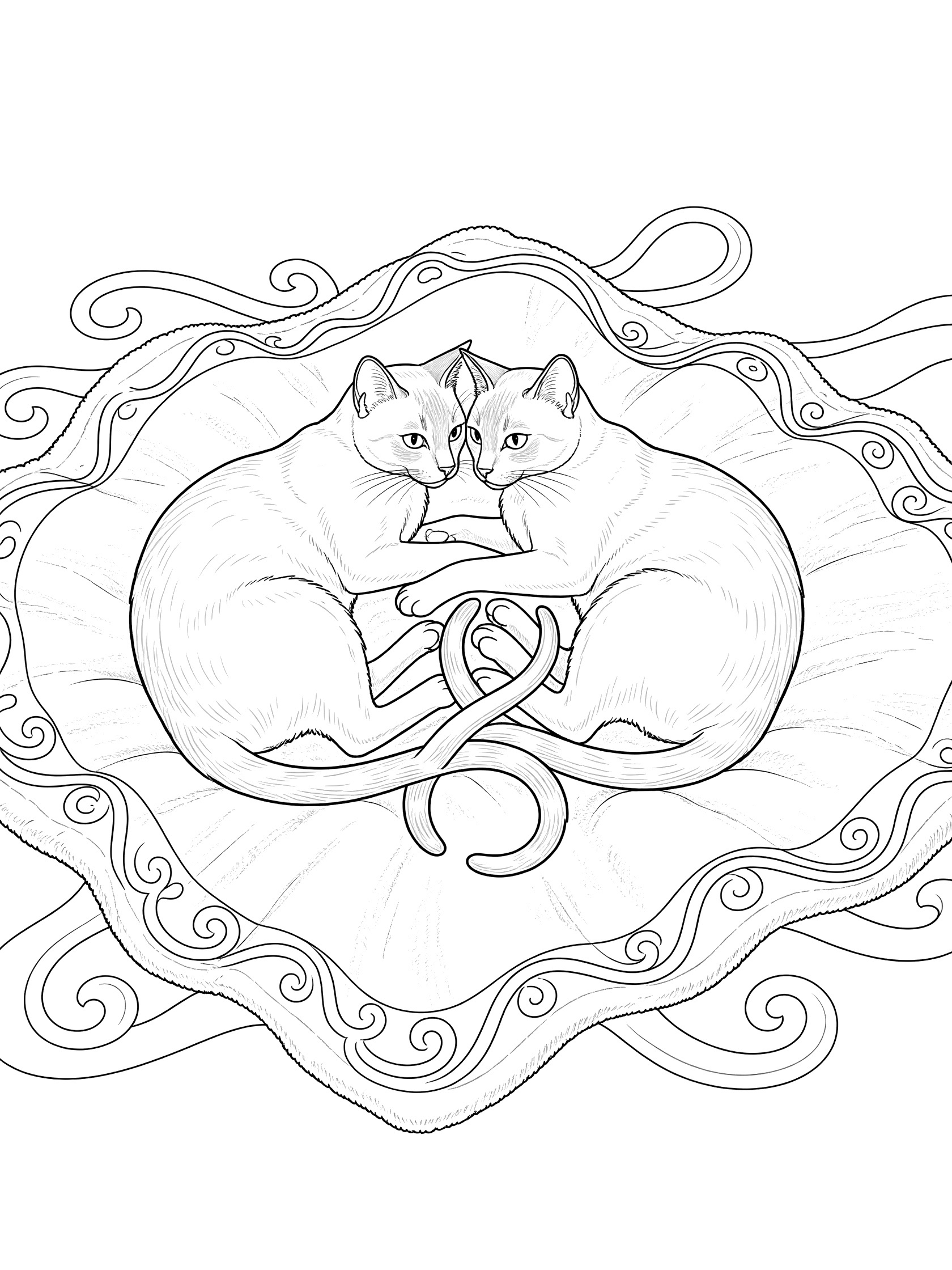 Black and white line art coloring page showing two cats curled up close on a blanket with swirling patterns around the edges. Siamese Cats themed black and white printable line art
