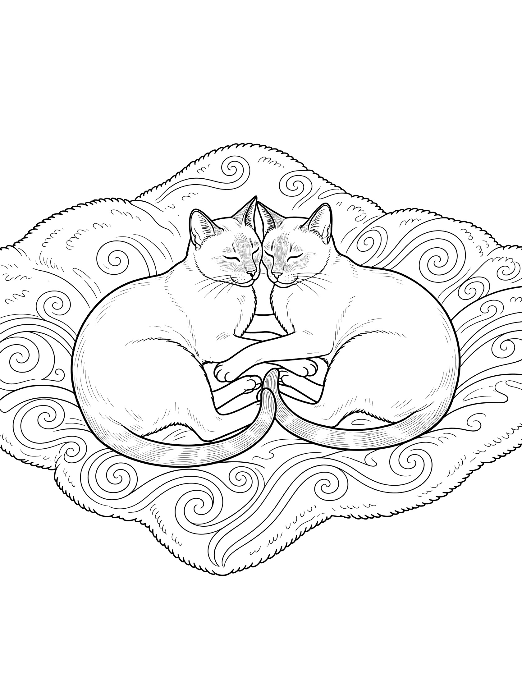 Black and white line art of two Siamese cats curled up together on a blanket with swirly patterns.