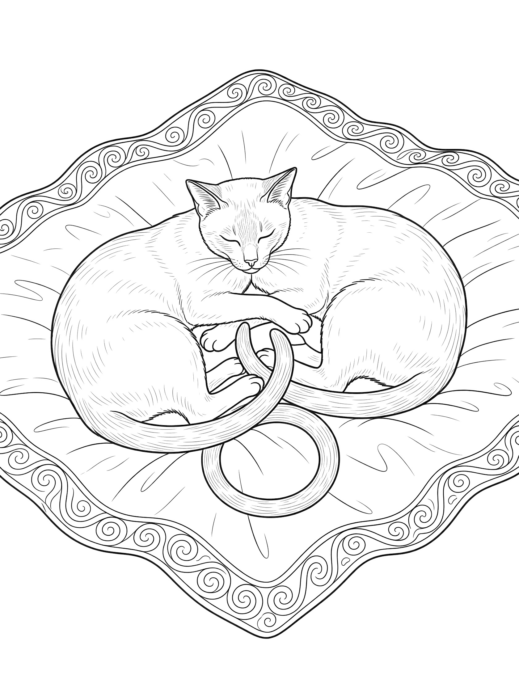Black and white coloring page of a pair of Siamese cats cuddling snugly on a blanket with intertwined tails and swirly patterns