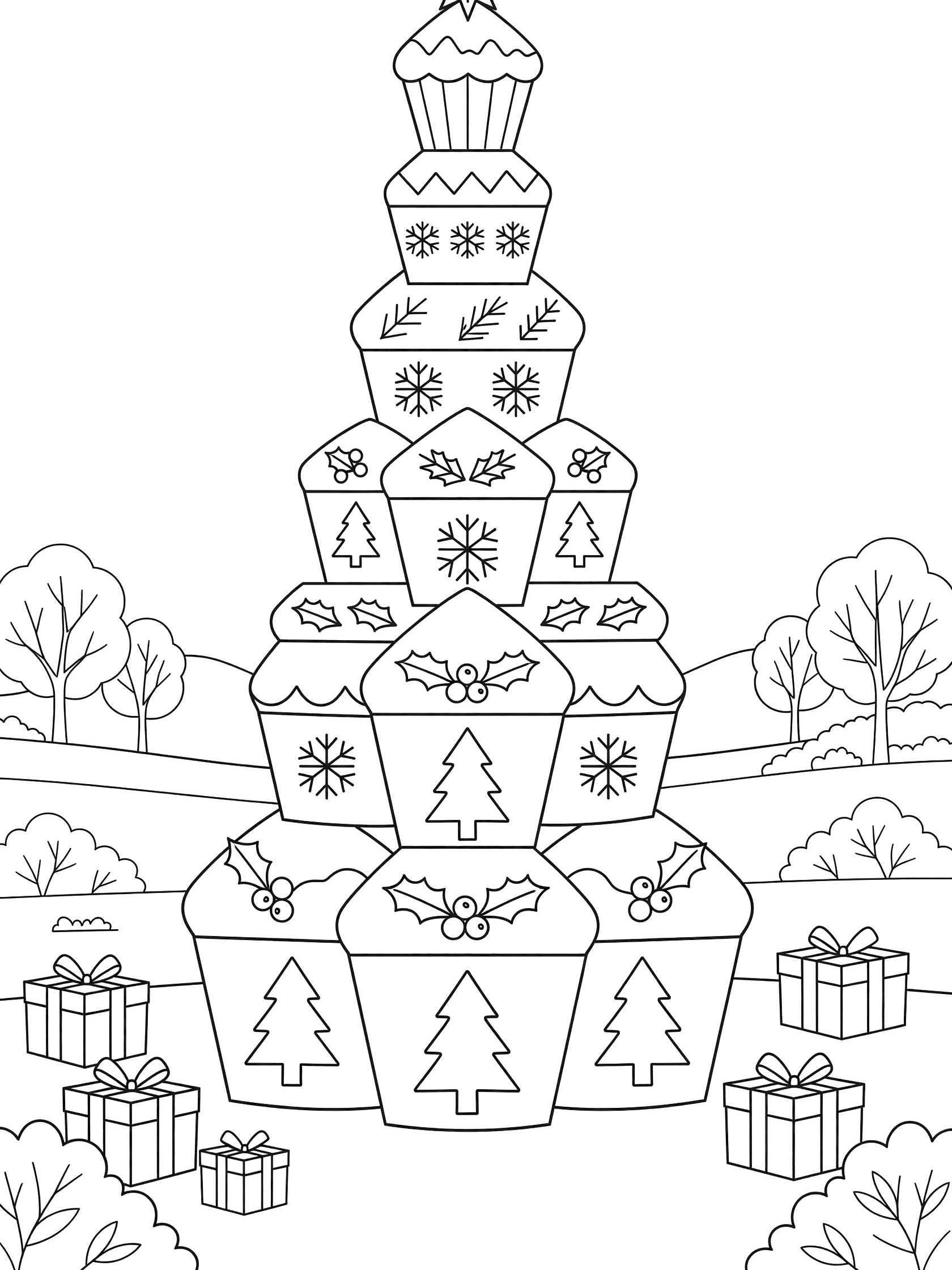 Simple geometric line art coloring page showing a tall cupcake party tower as a Christmas tree with layered cupcakes, holiday decorations, presents and winter trees.