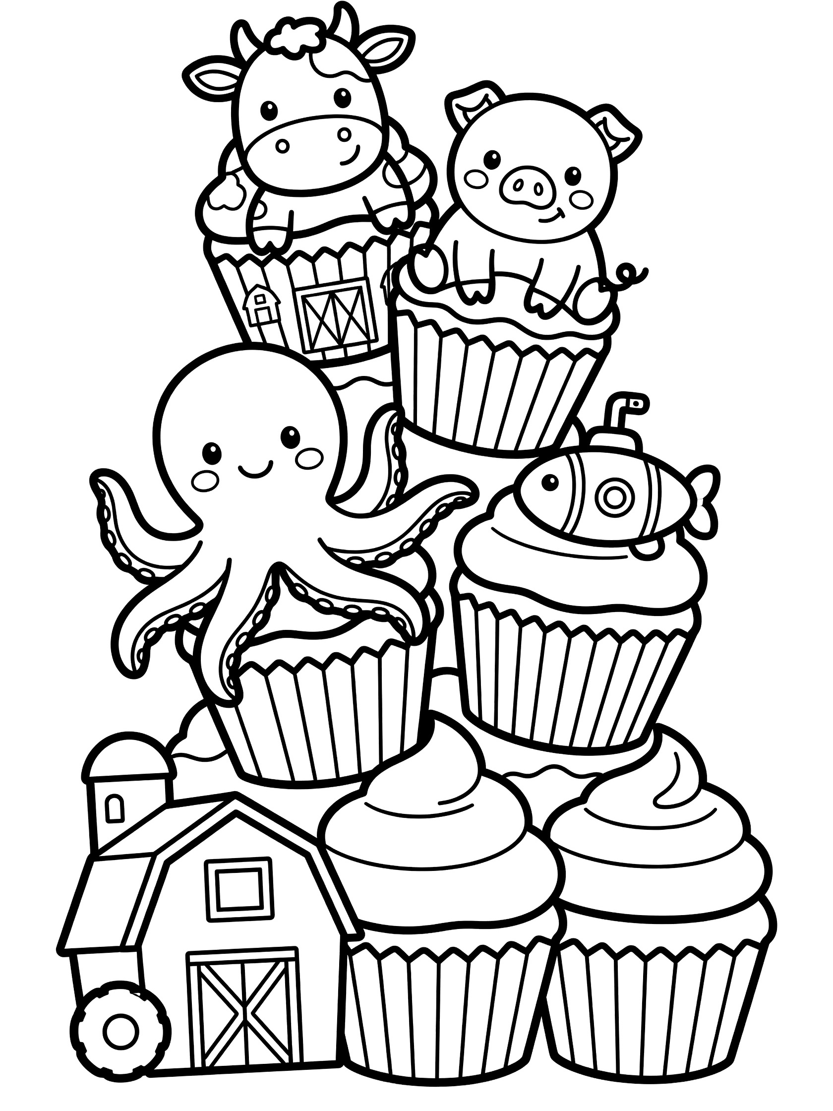 Cute cartoon cupcake party tower coloring page featuring stacked cupcakes with happy farm animals and underwater friends on a white background.