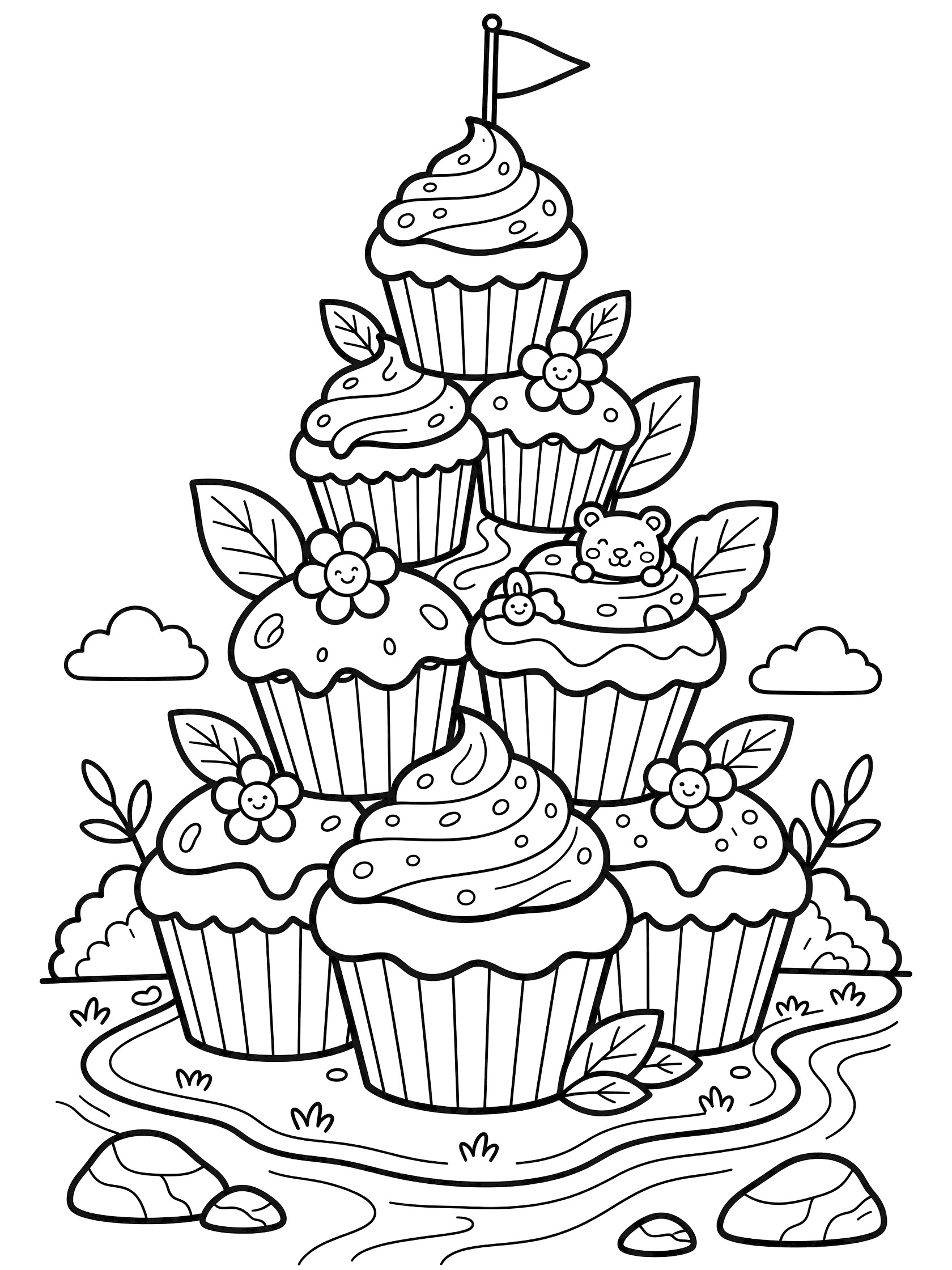 Whimsical doodle coloring page showing a tall cupcake party tower stacked with frosting topped cupcakes, a teddy bear peeking out, surrounded by nature elements like leaves, flowers, clouds, rocks and a stream.