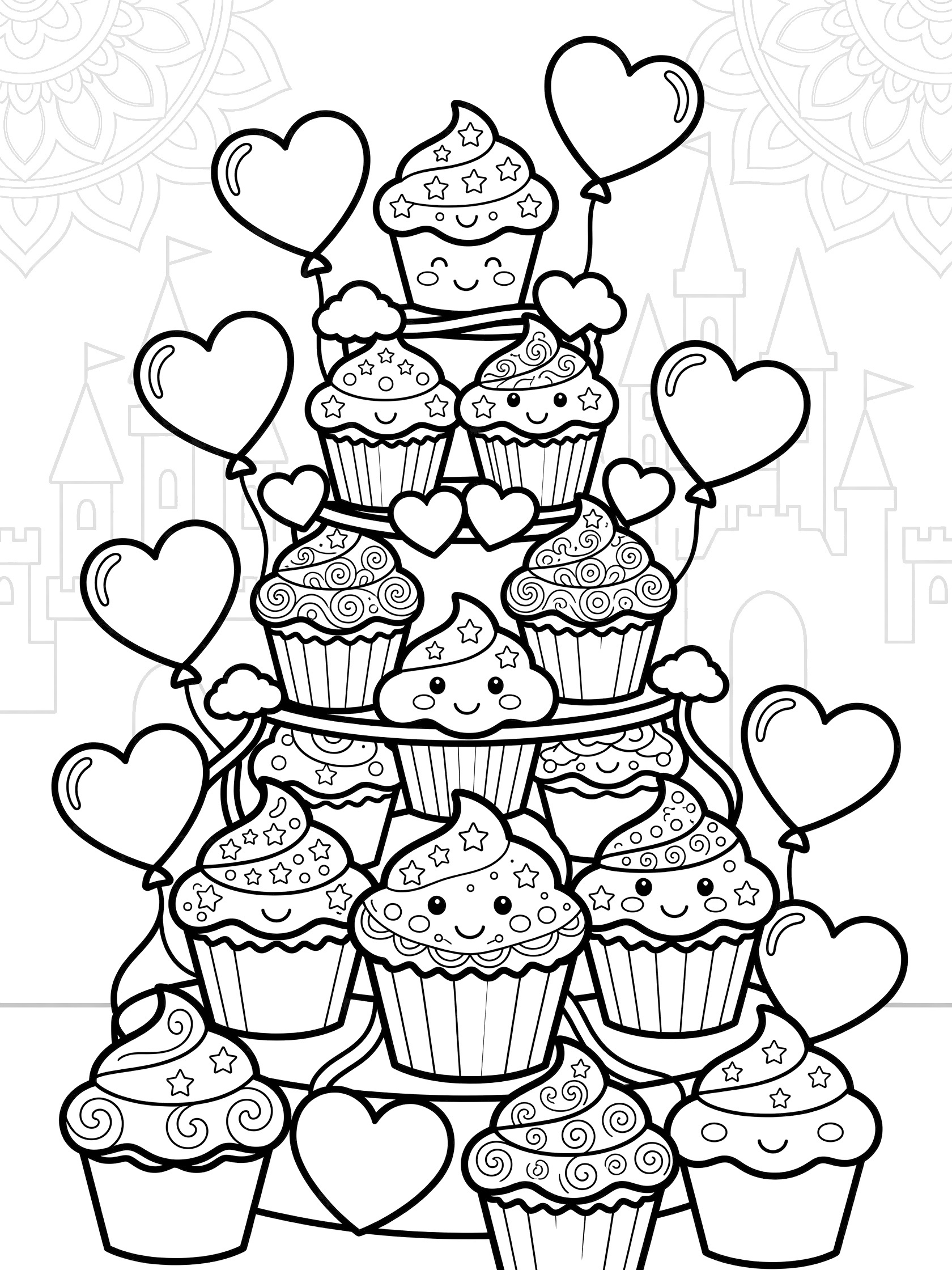 Black and white line drawing of a stacked tower of cupcakes with happy faces, surrounded by floating hearts, balloons, and decorative castle towers with swirling patterns.