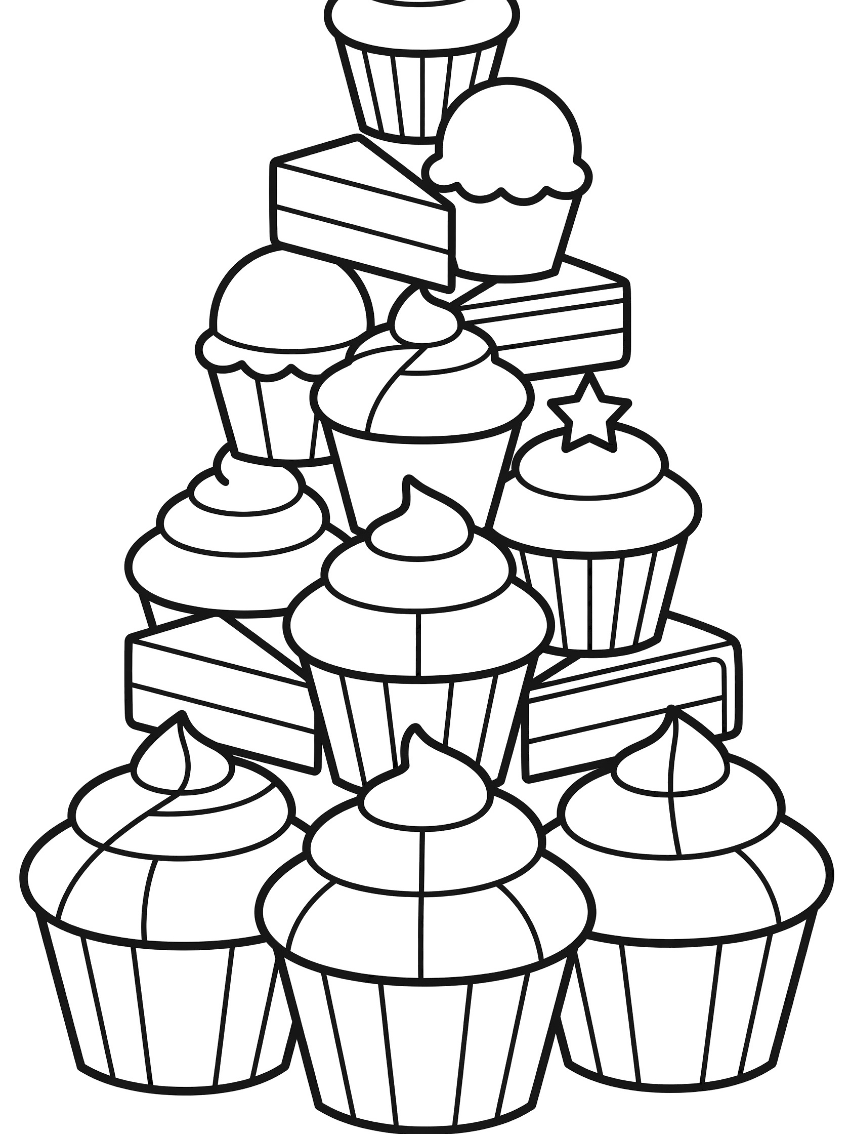 Black and white printable coloring page of a tall cupcake party tower with stacked cupcakes in simple geometric style.
