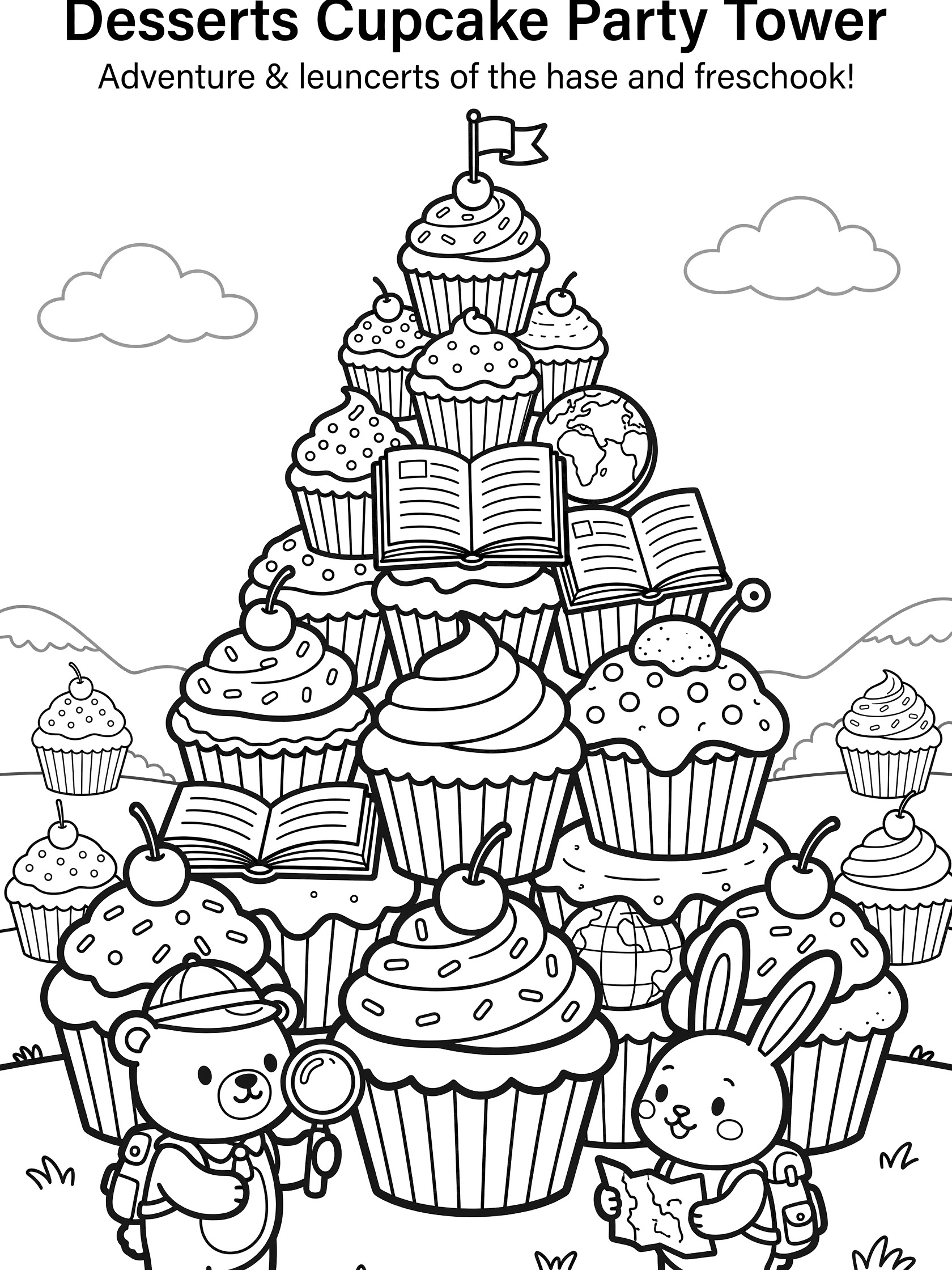 Printable coloring page showing a stack of cupcakes as a tower, open books, cherries on top, clouds, flag, bear explorer with backpack and magnifying glass, bunny explorer with backpack and map.