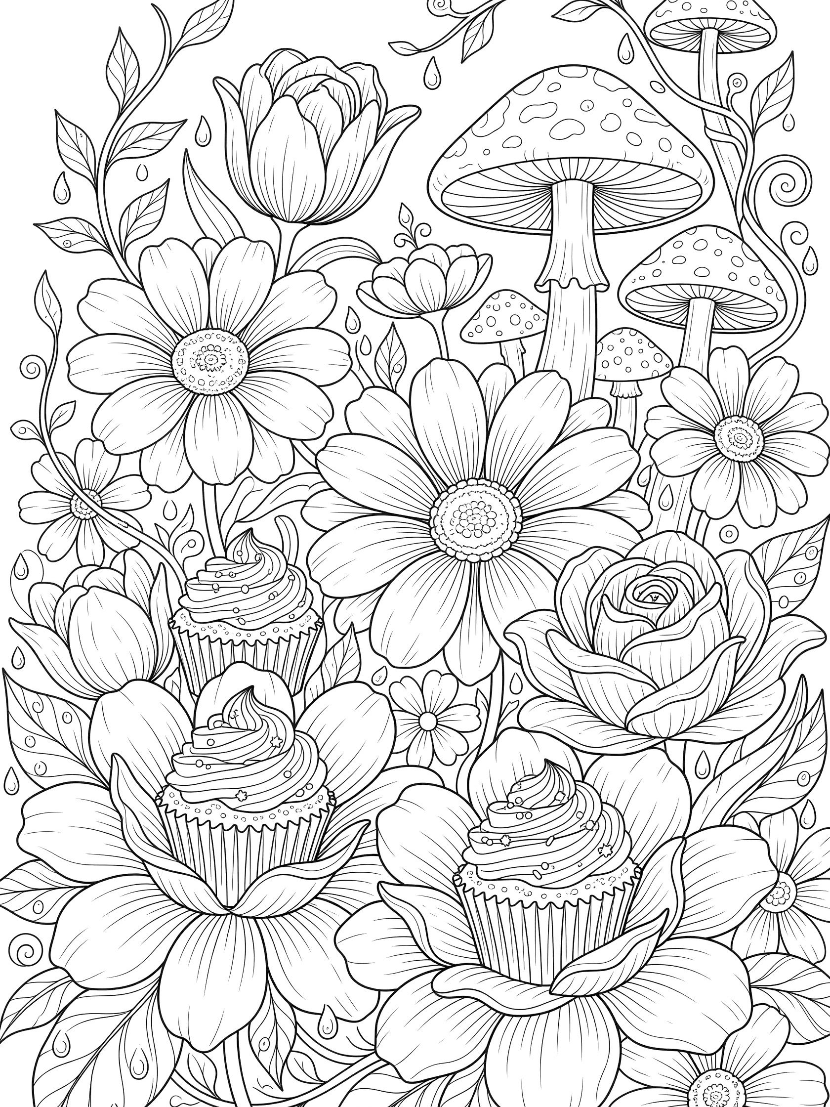 Black-and-white line art coloring page showing cupcakes surrounded by oversized flowers, mushrooms, leaves, vines, and dewdrops in a fairy garden