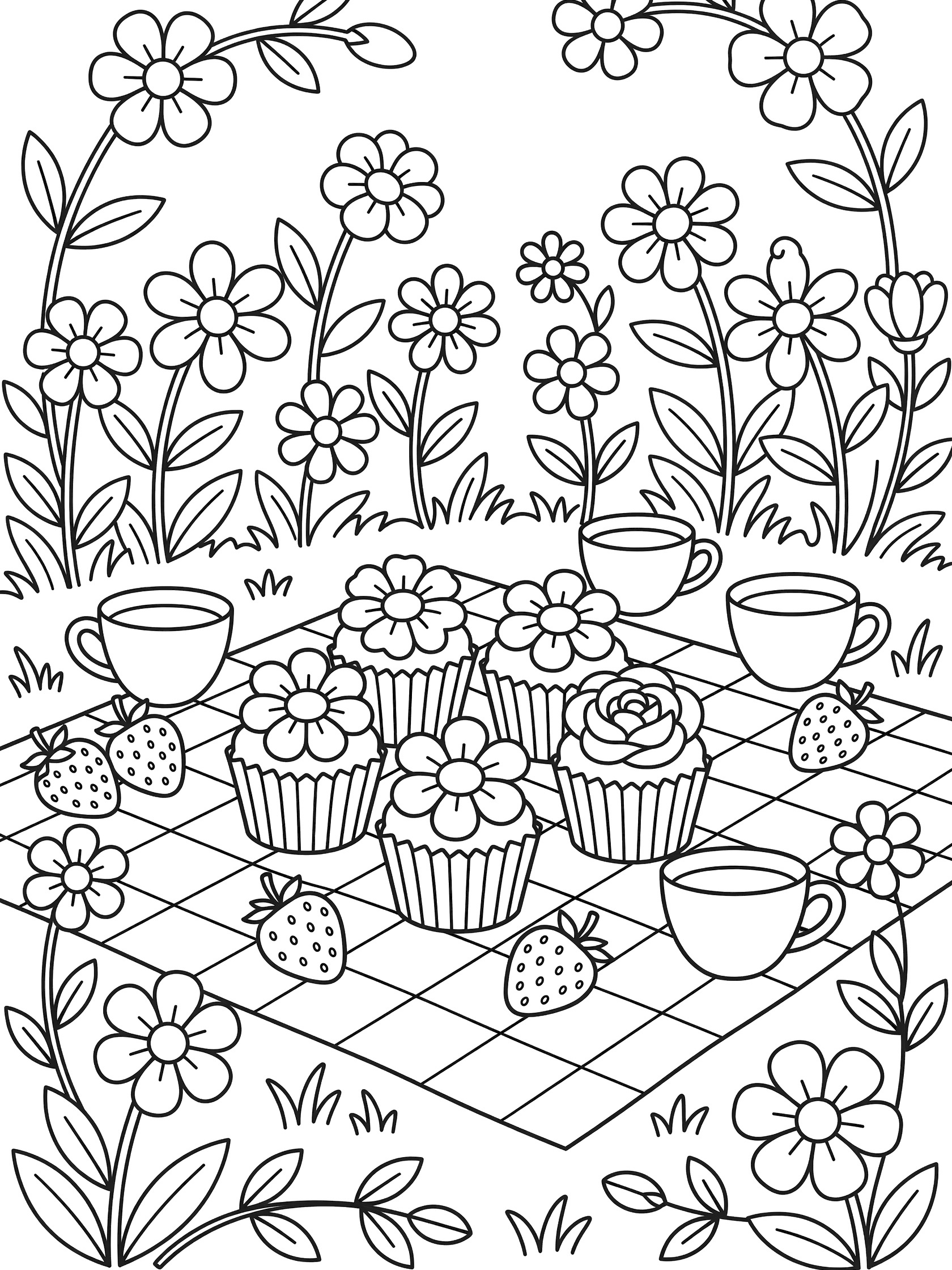 Printable coloring page of cupcakes topped with flowers on a picnic blanket in a garden with teacups, strawberries, and vines.