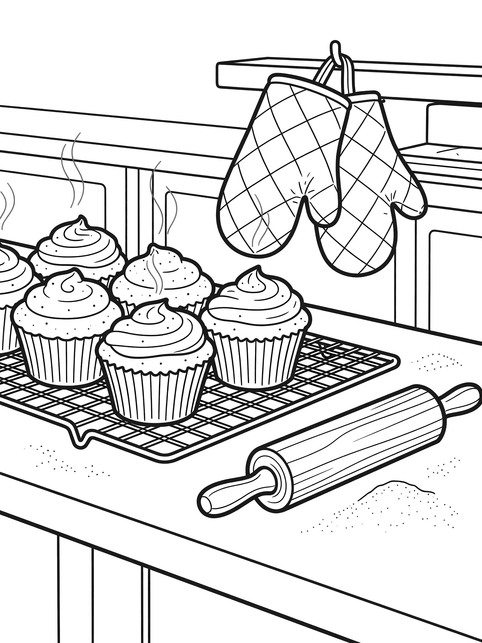Black and white line art of cupcakes with frosting on a wire cooling rack, oven mitts hanging nearby, rolling pin, and faint steam in a bakery setting