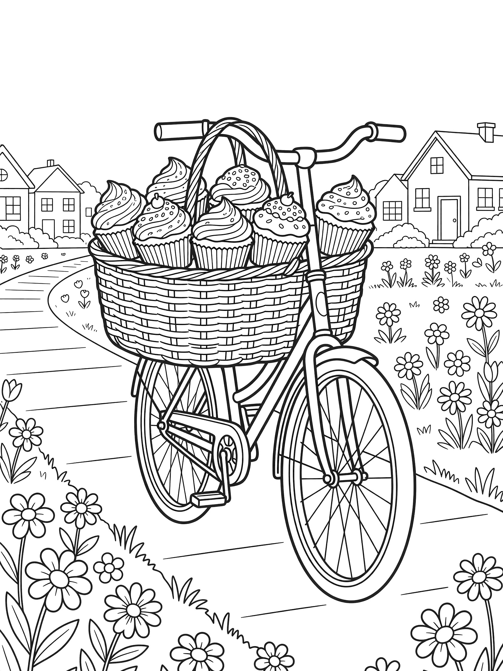 Line art coloring page showing a bicycle handlebar holding a picnic basket overflowing with cupcakes, riding a path with flowers and houses in a sunny neighborhood.