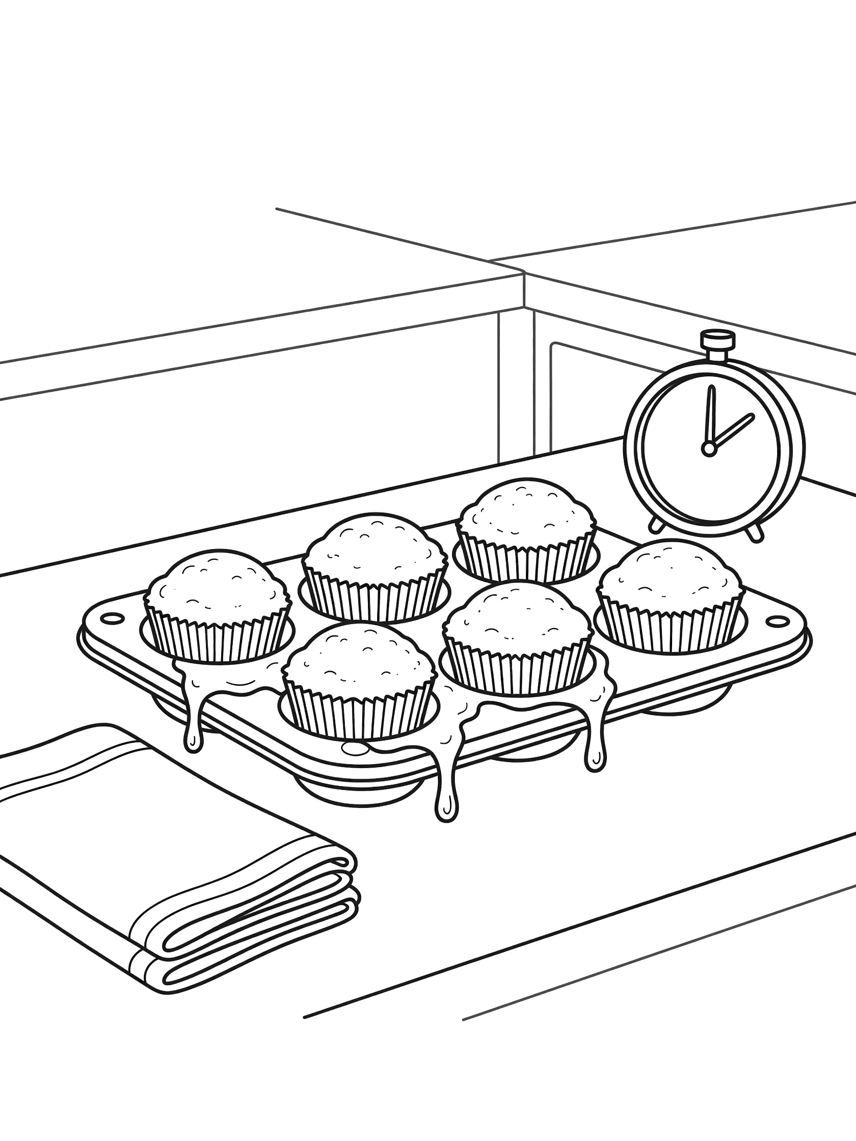 Black and white line art of six cupcakes in a muffin tin on a counter with batter drips, timer clock, and towels