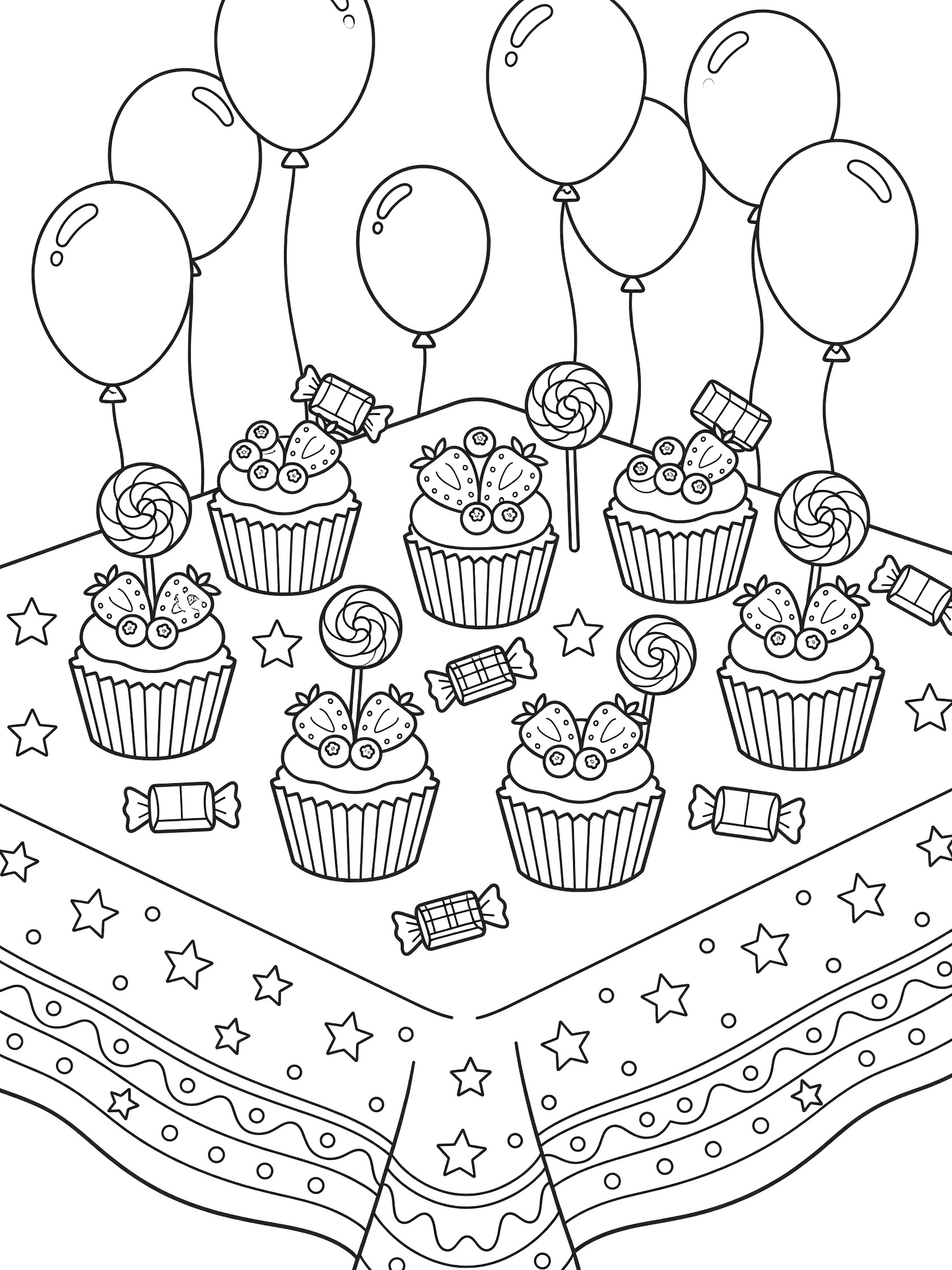 Line art coloring page showing cupcakes with strawberry and blueberry toppings, candy accents, arranged on a checkered party tablecloth with floating balloons.
