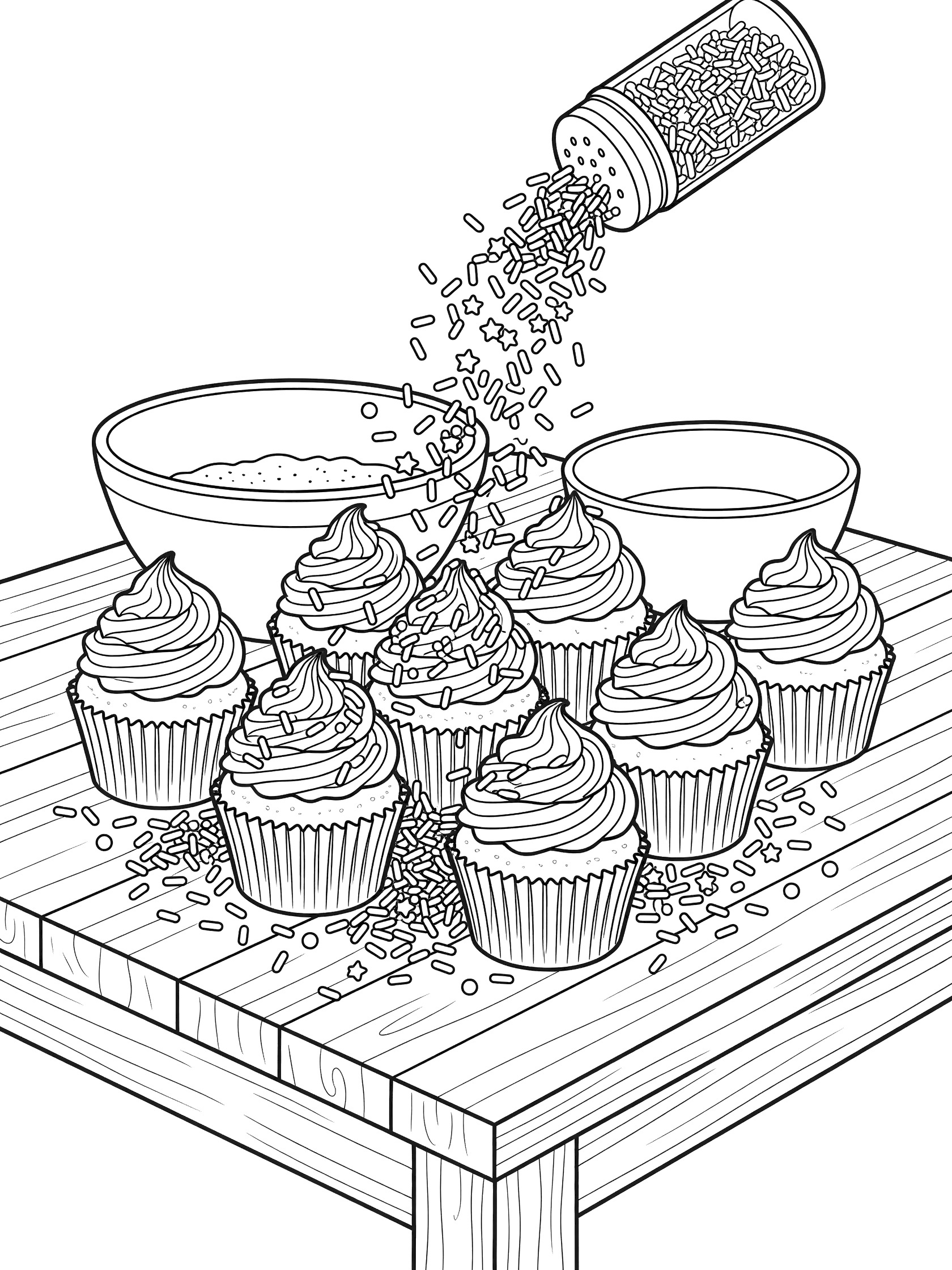 Line art coloring page showing several cupcakes with swirled tops on a wooden kitchen table, colorful sprinkles pouring from a shaker, and two mixing bowls with sprinkles.