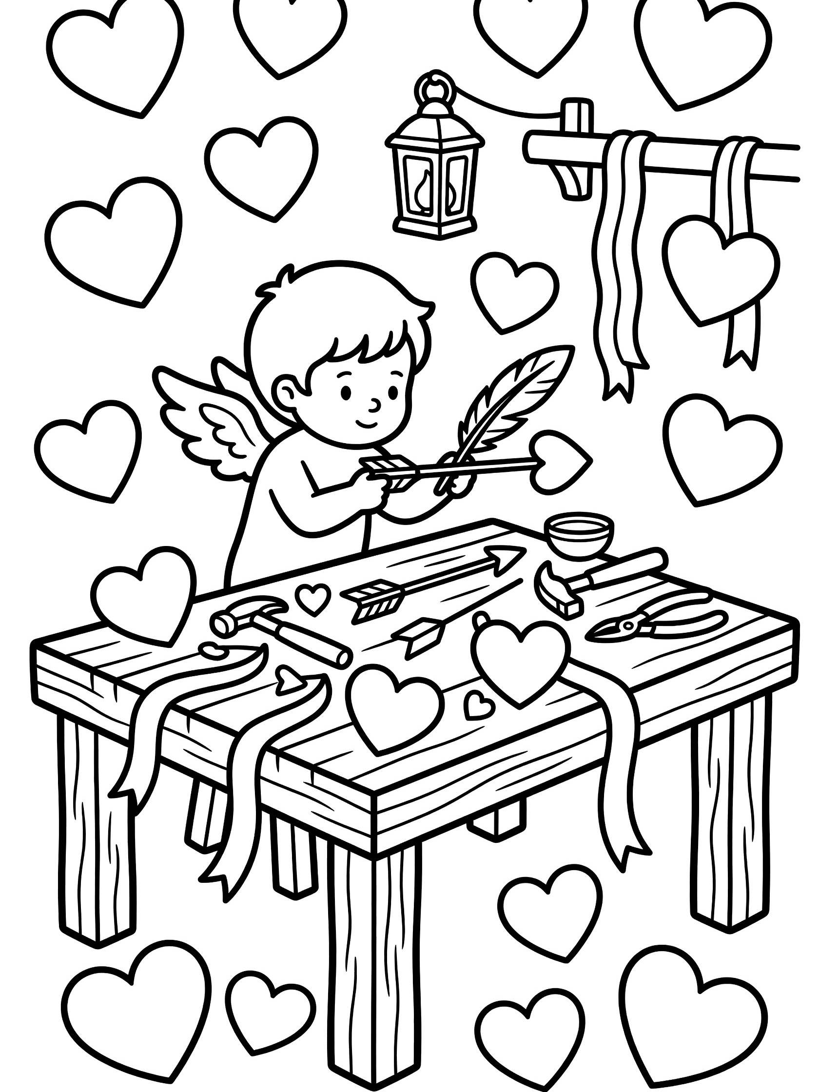 Black and white coloring page of Cupid sitting at a wooden workshop table, attaching feathers to shiny arrows with hearts, tools and ribbons around, lantern above, scattered hearts.