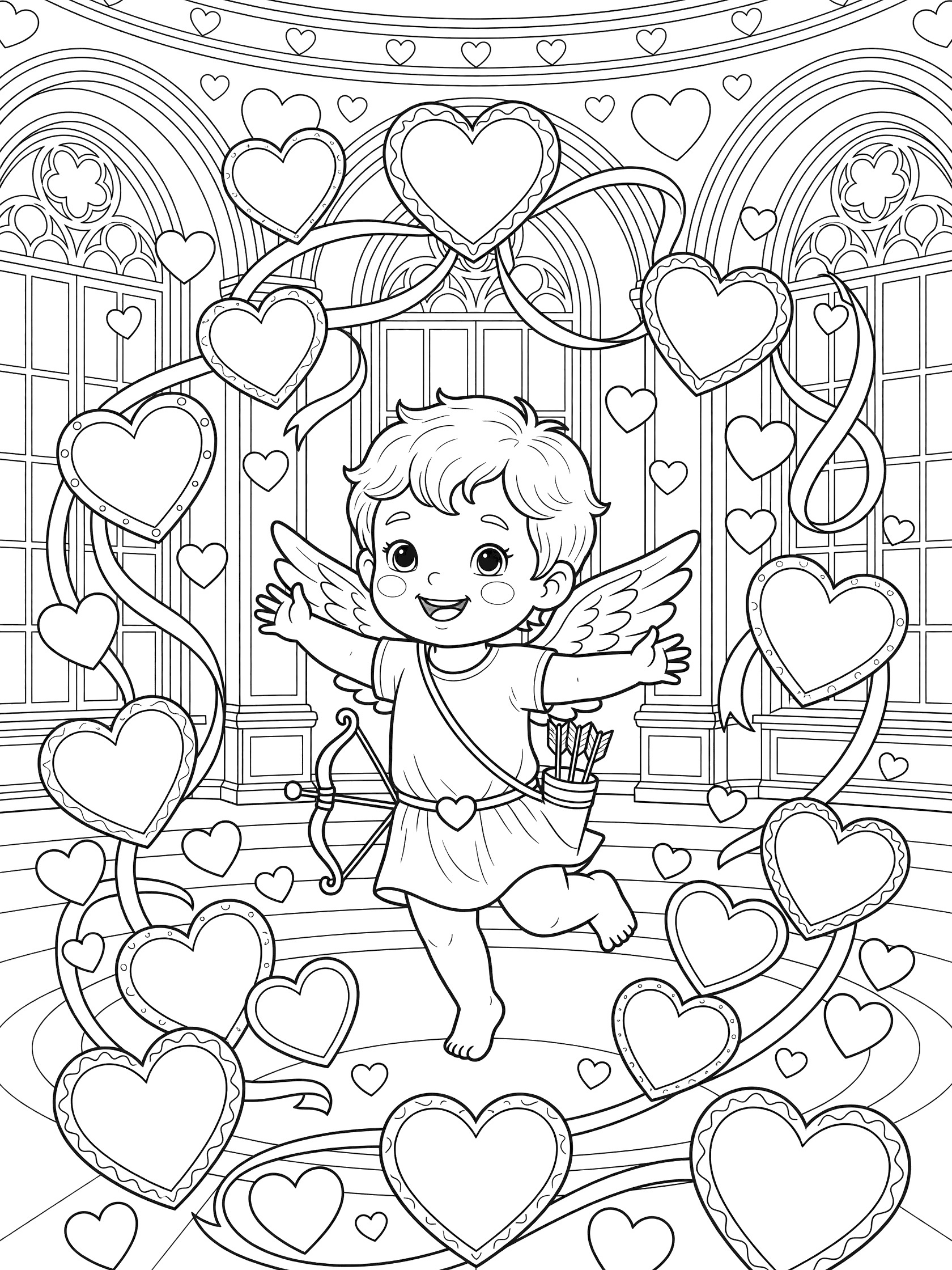 Adorable Cupid twirling in dance surrounded by large floating hearts and ribbons in a fancy ballroom with arched windows, line art coloring page