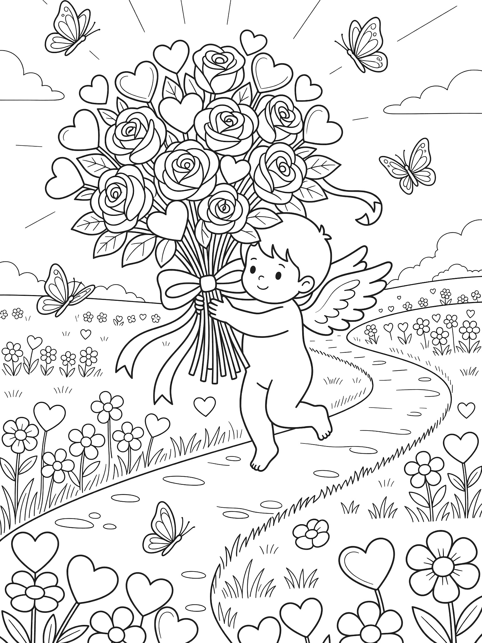 Cupid coloring page showing chubby angel with wings holding bouquet of roses and hearts tied with ribbon, butterflies flying around, heart flowers along a path in meadow