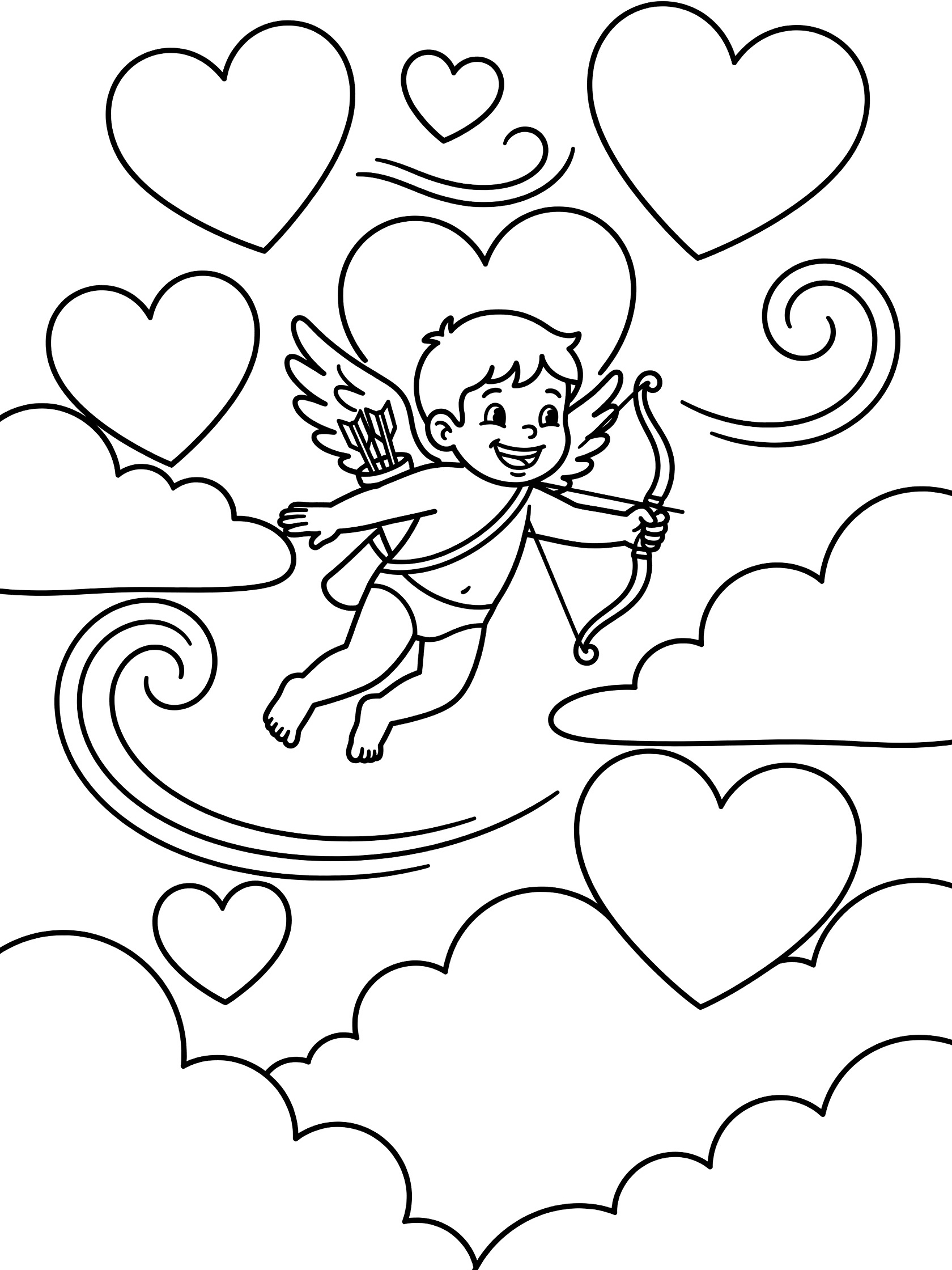 Cupid grinning and flying with bow and arrows amid heart clouds coloring page