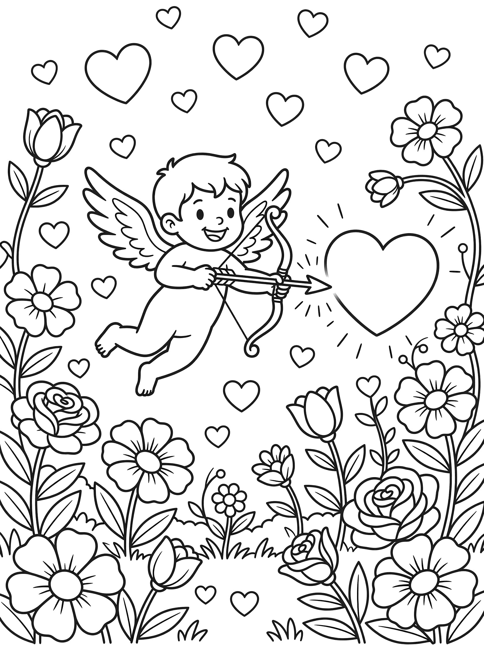 Cupid hovering in air pulling back bow with glowing arrow aimed at large heart amid blooming flowers and floating hearts in Valentine's garden line art coloring page