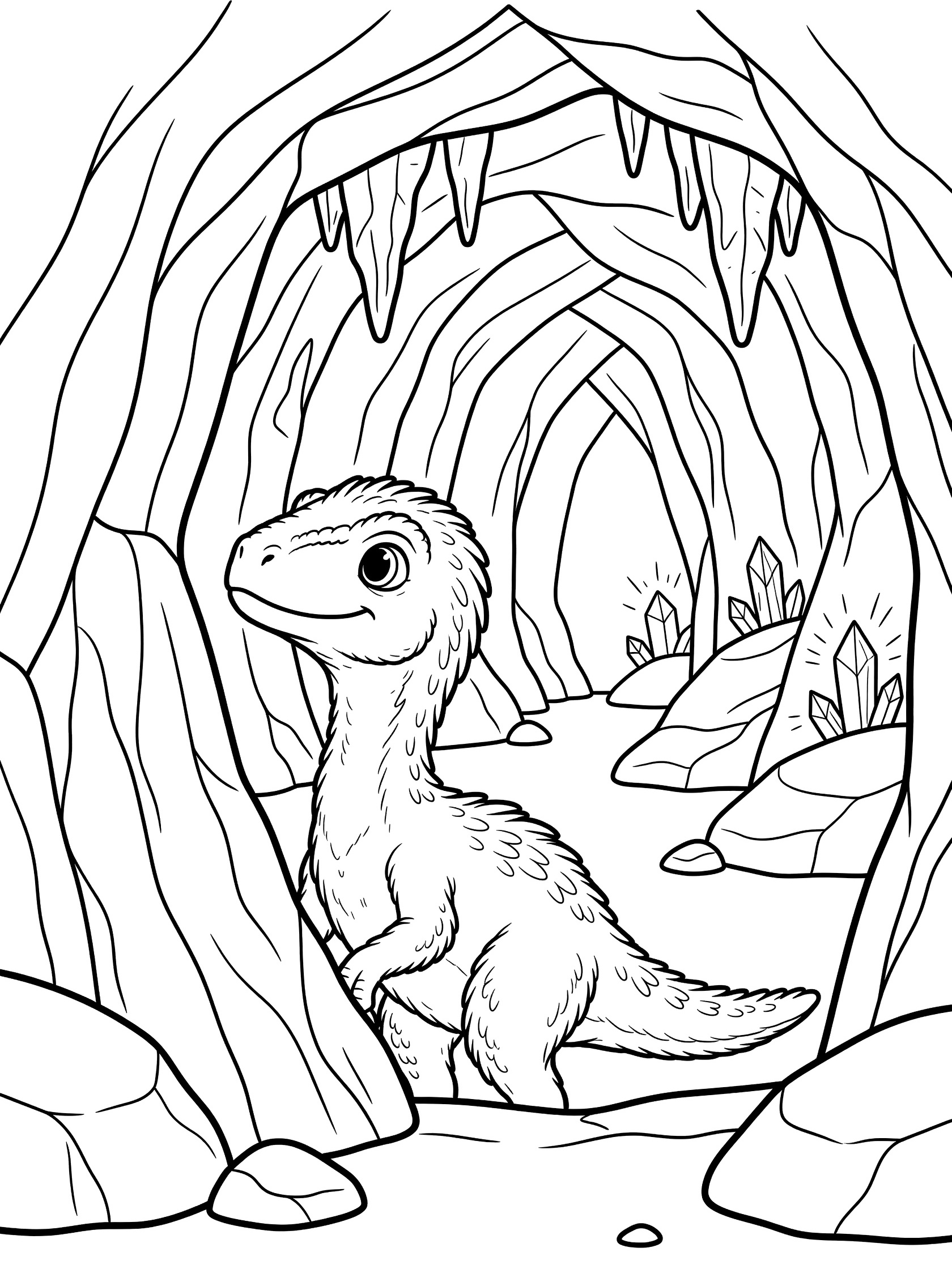 Adorable baby Velociraptor with big eyes and feathers peeking around a rock into a cave coloring page, featuring stalactites, rocks, and crystals