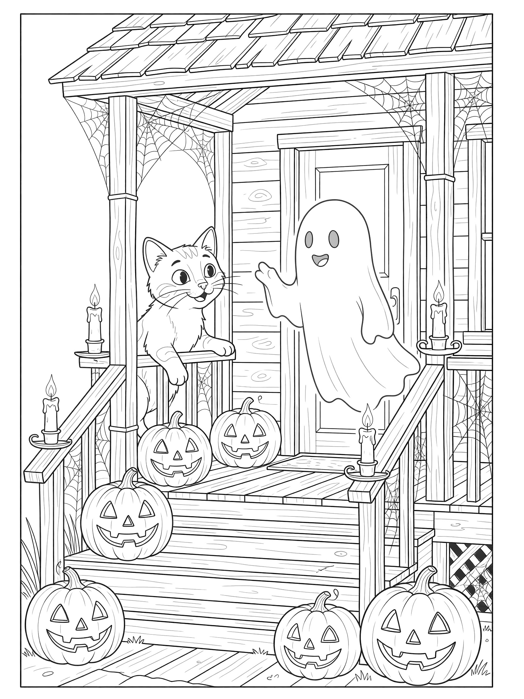 Black and white line art of a curious cat peeking at a friendly ghost on a wooden porch with jack-o-lanterns, candles, and cobwebs for Halloween coloring.