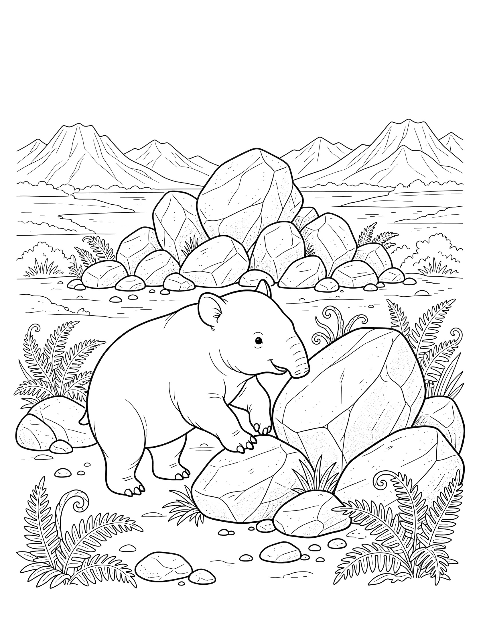 Line art coloring page showing a Diprotodon rearing up to explore rugged rocks, surrounded by pebbles, ferns, and distant mountains.