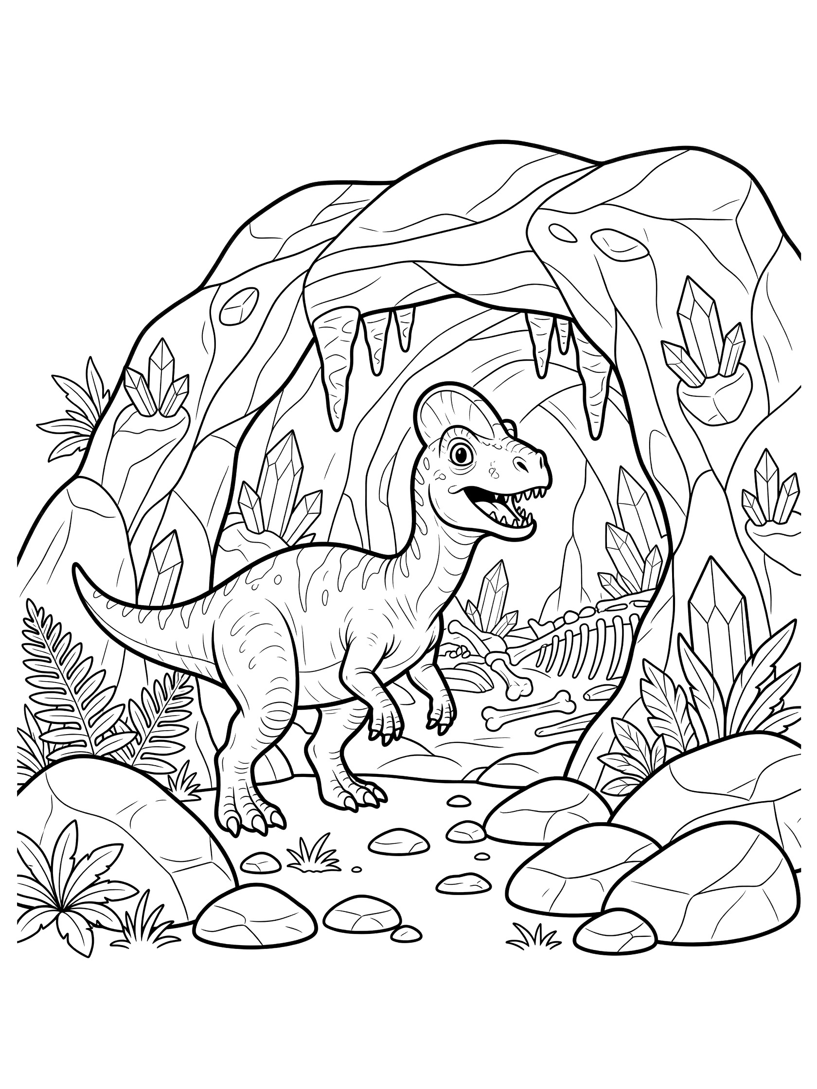 Black and white line art coloring page showing a Monolophosaurus with a single head crest poking its head into a cave entrance surrounded by boulders, ferns, shiny crystals, stalactites, and ancient bones.