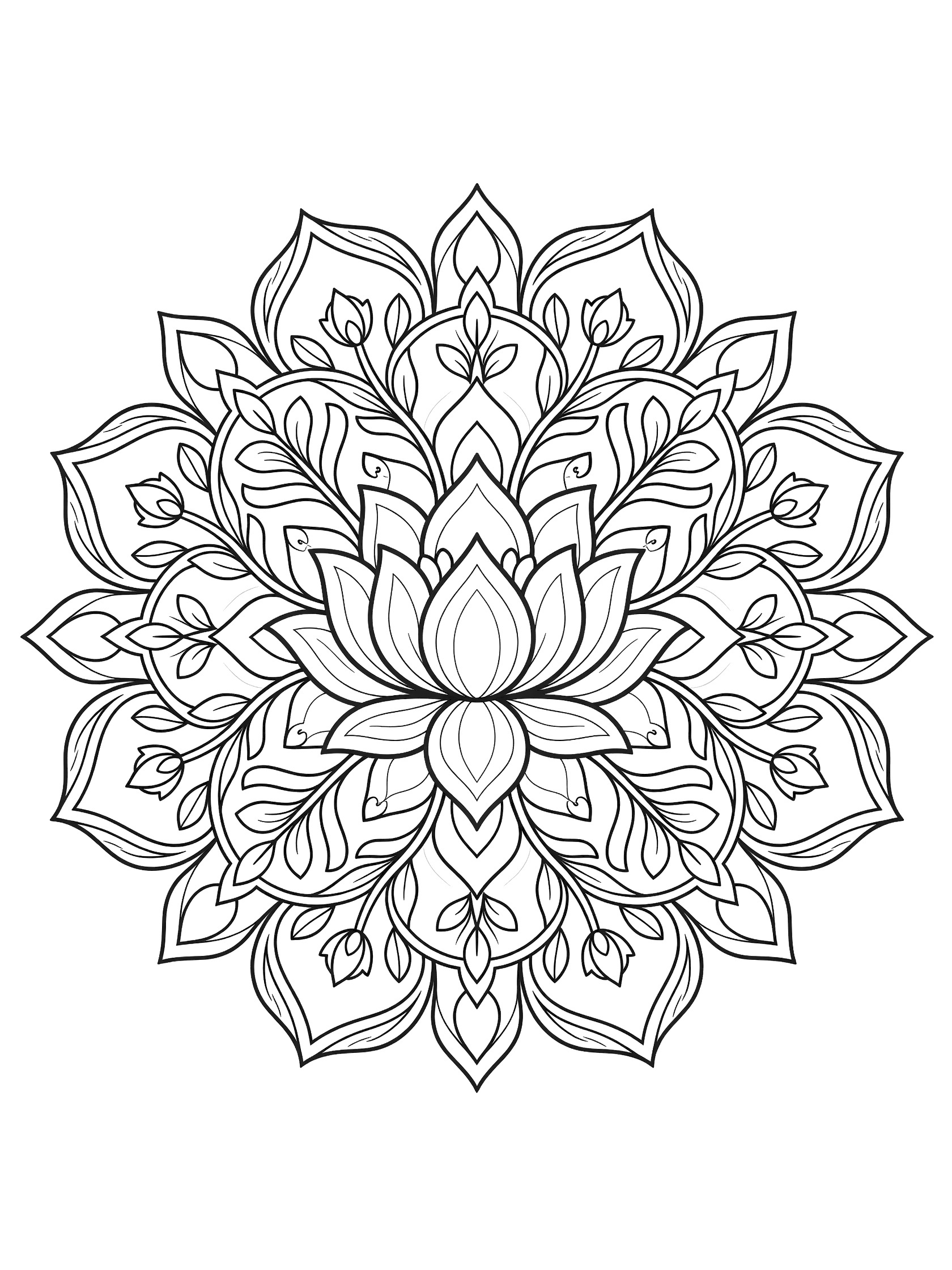 Symmetrical line art coloring page of a cute cartoon lotus mandala with layered curled petals, surrounded by repeating floral vines, leaves, and buds.