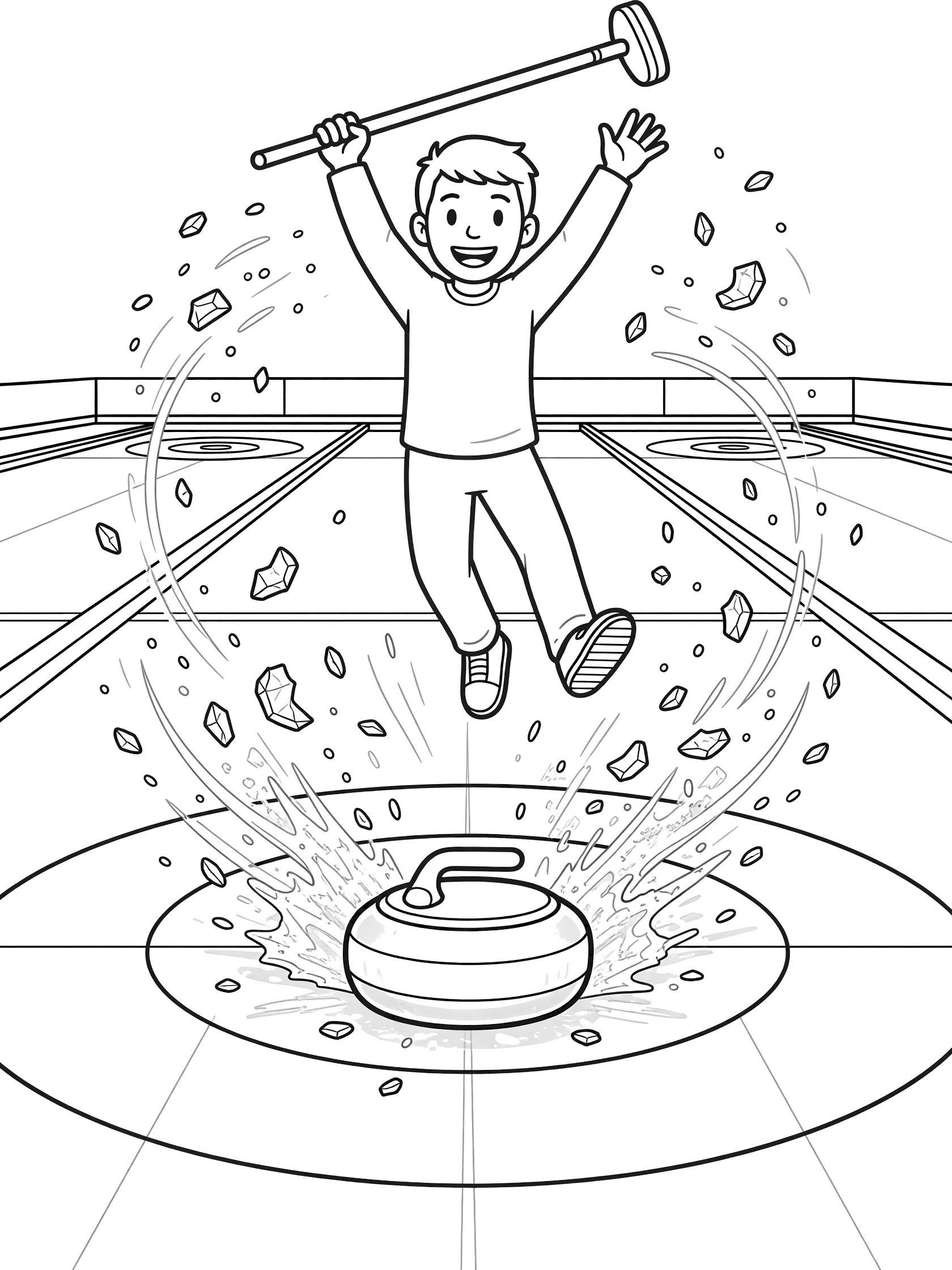 Black and white line art of a joyful curler celebrating a successful curling shot, jumping with broom up high, stone in the house center, ice shavings flying, rink lines visible.