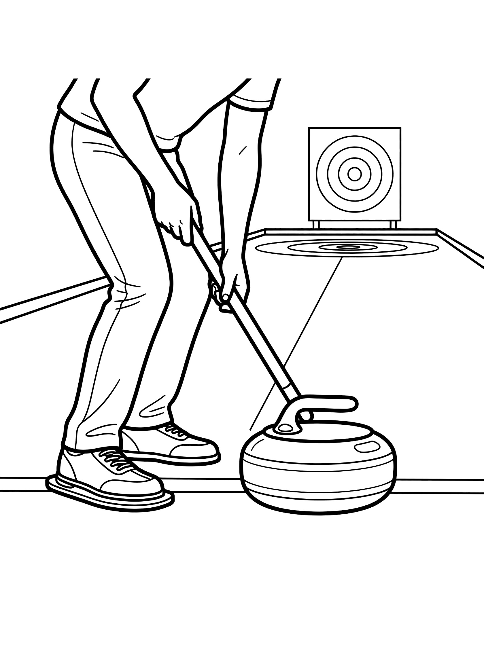 Curler standing at hog line gripping broom handle, curling stone ready, target circles in background on ice rink coloring page