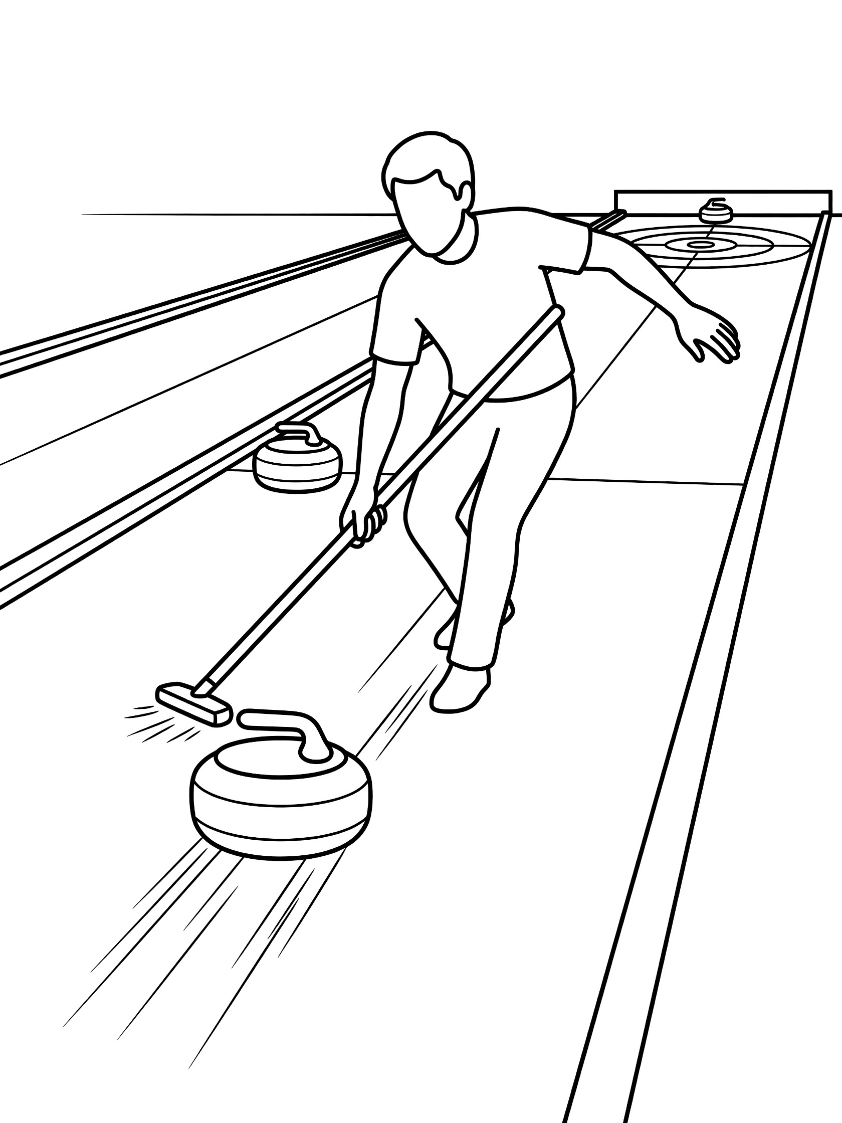 Black and white line art of a curler energetically sweeping ice ahead of a curling stone toward the house target, with teammate stone behind
