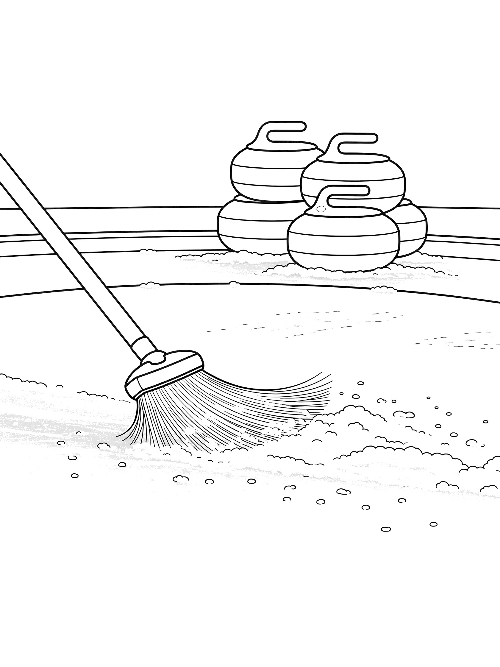 Line art coloring page showing a curling broom with wide fibers sweeping ice beside stacked curling stones on the rink.