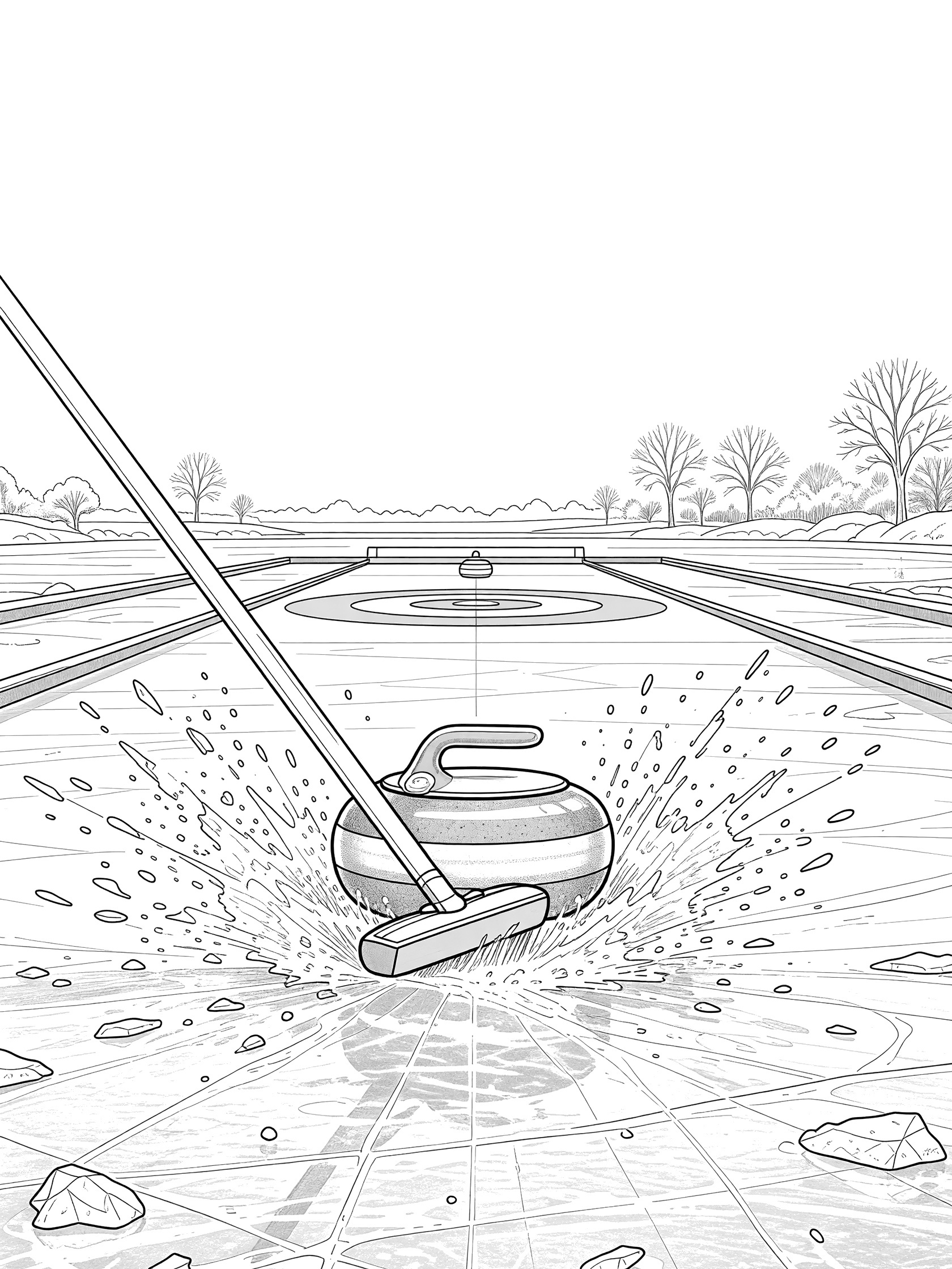 Black and white coloring page of a curling broom pushing a curling stone toward the button on a frozen pond rink with scattered ice chips